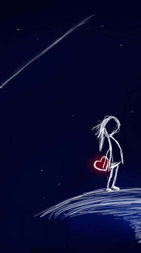 女孩 桌布 壁紙 — 一個白色火柴人站在彎曲的地平線上，手持一個發光的紅色心形，一顆明亮的流星劃過黑暗的夜空。