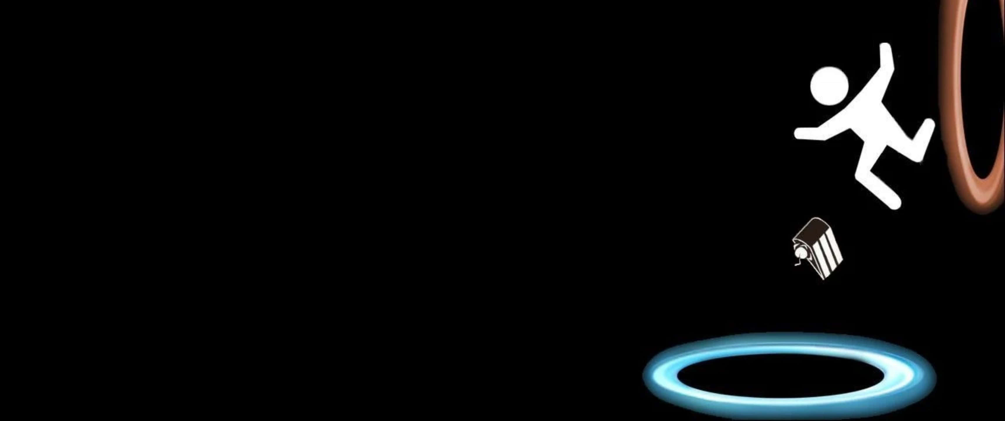3440x1440p Portal 2 桌布 壁紙 — 一個白色火柴人跳向發光的藍色圓環，背景為黑色，上方有棕色管道。