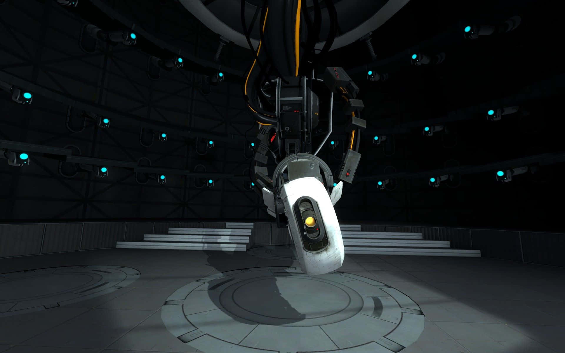 Vr Games 桌布 壁紙 — 一個白色球形機器人，帶有發光的黃色眼睛，在一個由藍色聚光燈照亮的黑暗未來測試室中懸浮。