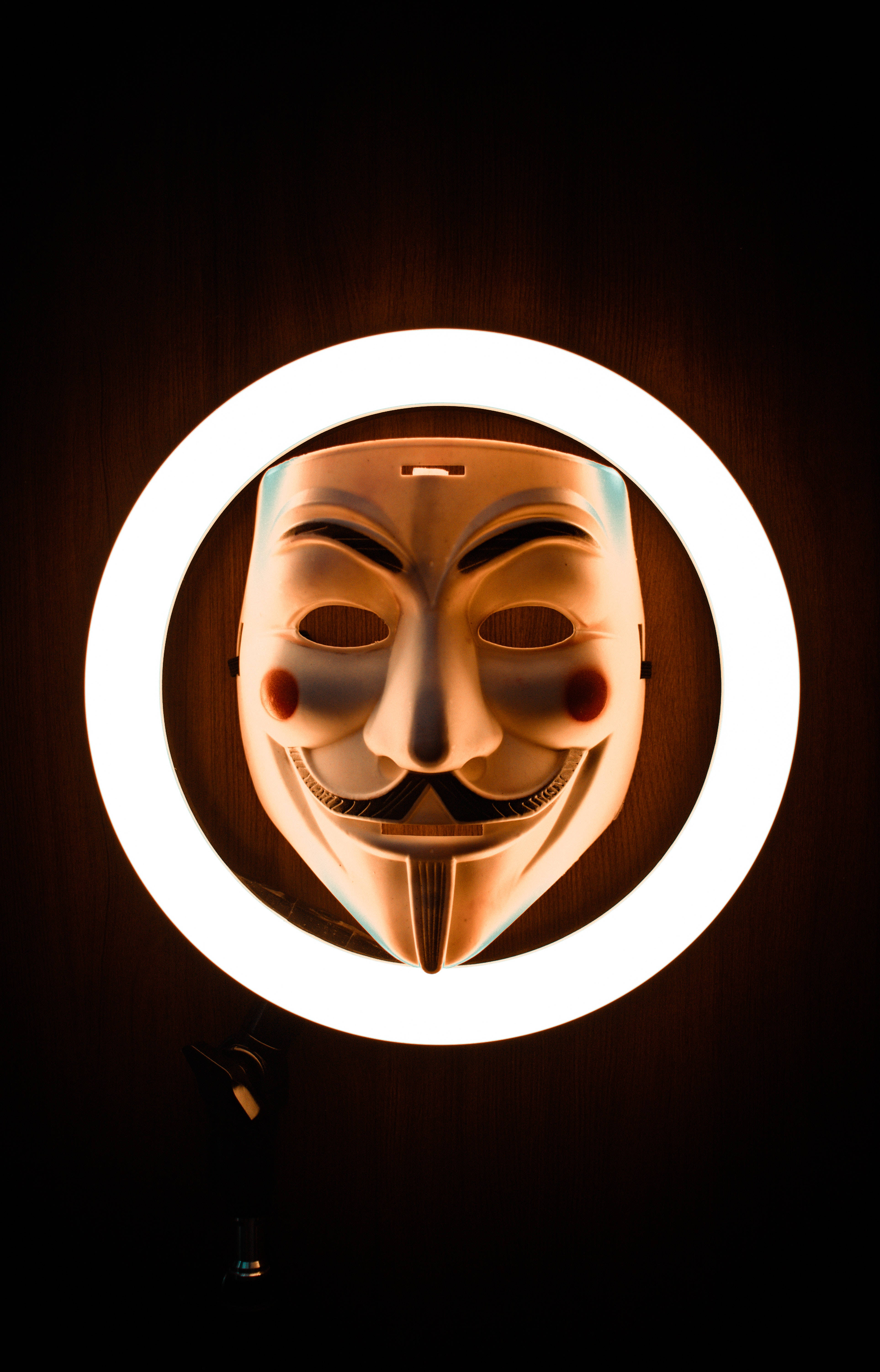 駭客面具 桌布 壁紙 — 一個白色的 Guy Fawkes 面具，被明亮的環形燈照亮，背景是深色木牆。