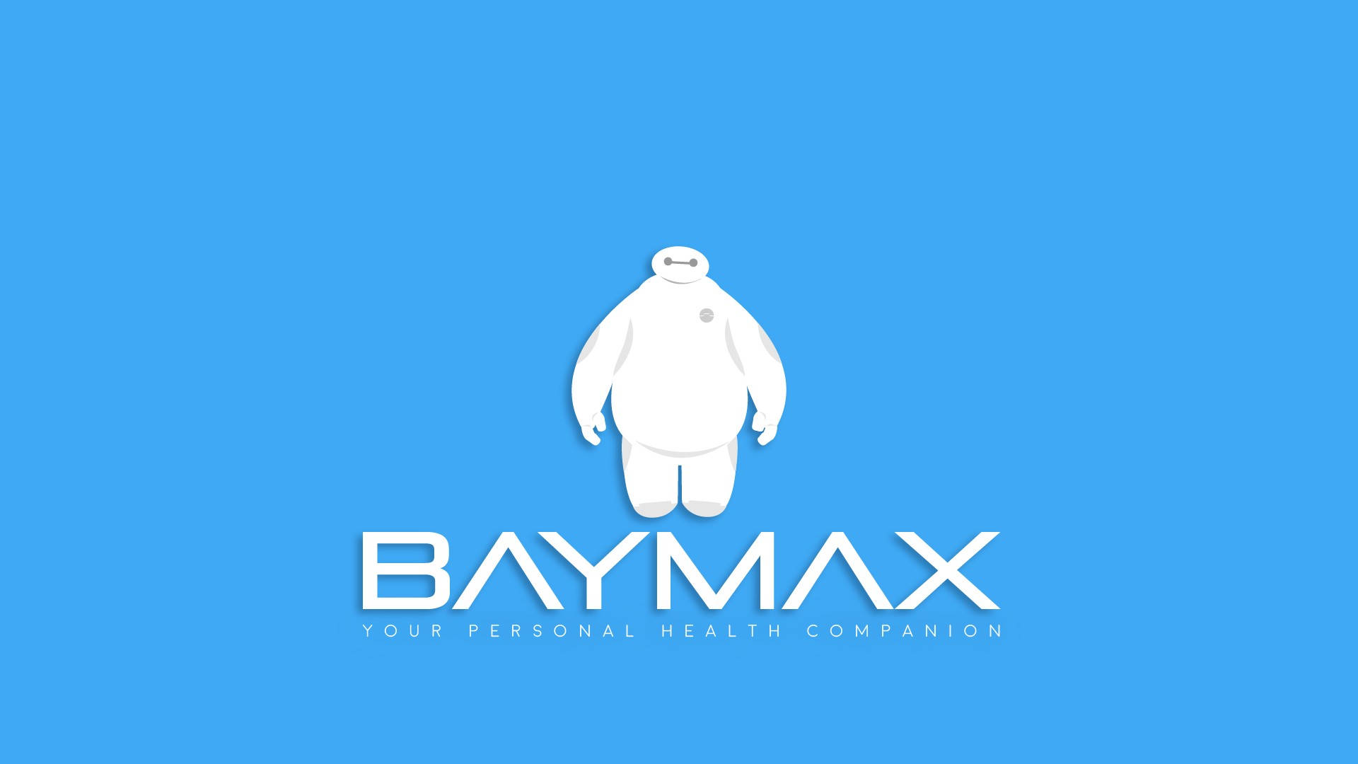 Baymax 桌布 壁紙 — 一個白色的Baymax機器人位於純藍色背景中央，下方有粗體白色文字寫著「BAYMAX 您的個人健康夥伴」。
