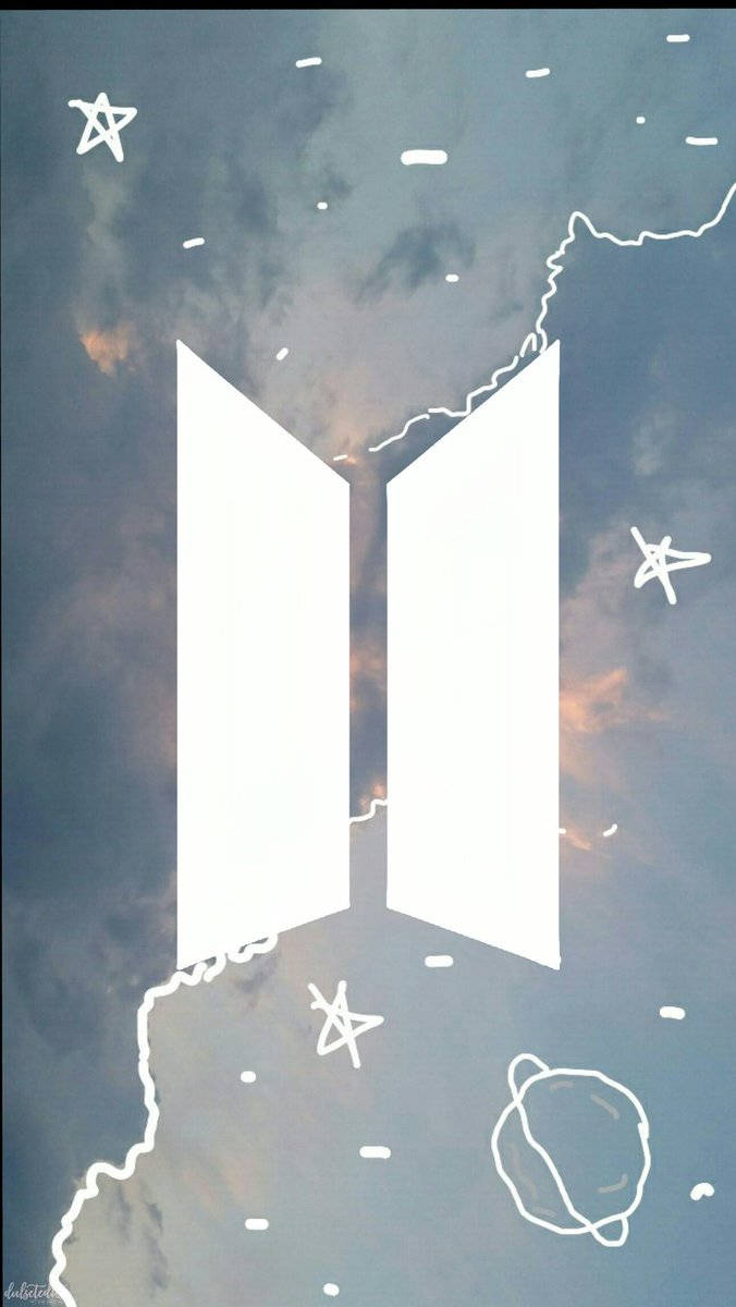 BTS標誌，帶有在暮色天空背景上以白色繪製的星星和行星。 — BTS標誌 壁紙