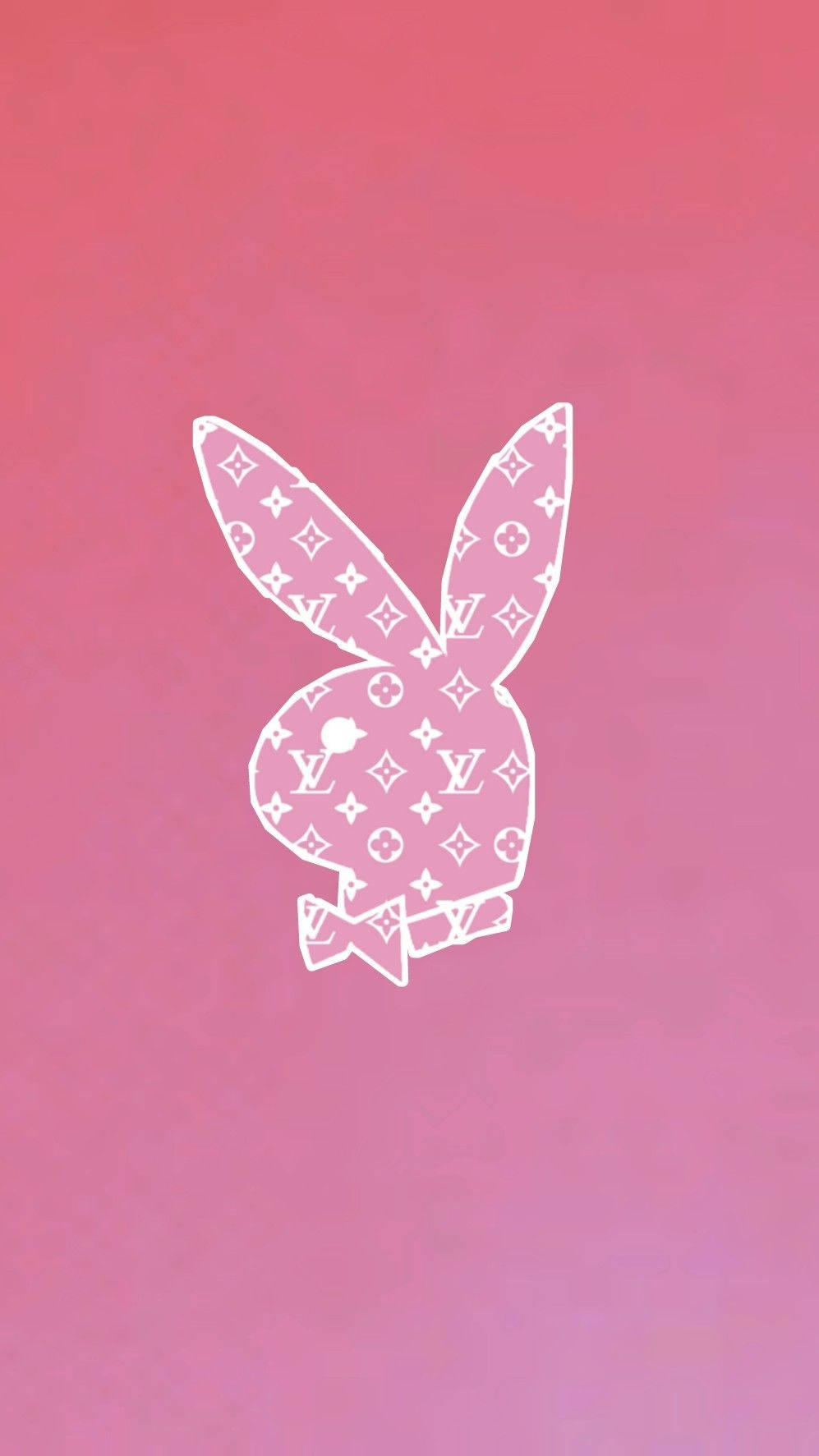 花花公子 桌布 壁紙 — 一個白色的Playboy兔子剪影，填滿了Louis Vuitton的monogram圖案，襯著柔和的粉紅色漸變背景。