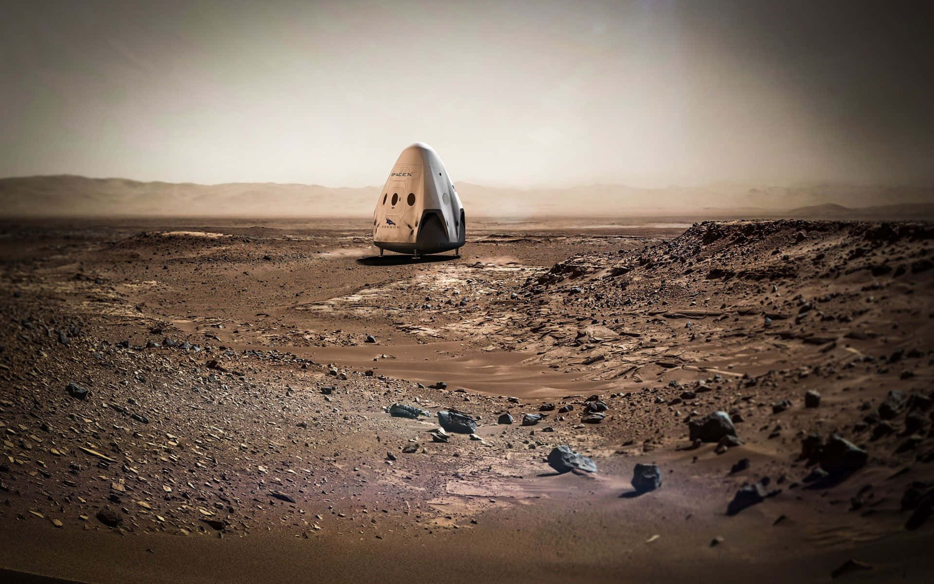 Mars Landscape 桌布 壁紙 — 一個白色的SpaceX龍飛船獨自停放在荒涼的鏽紅色火星地表上，天空朦朧。