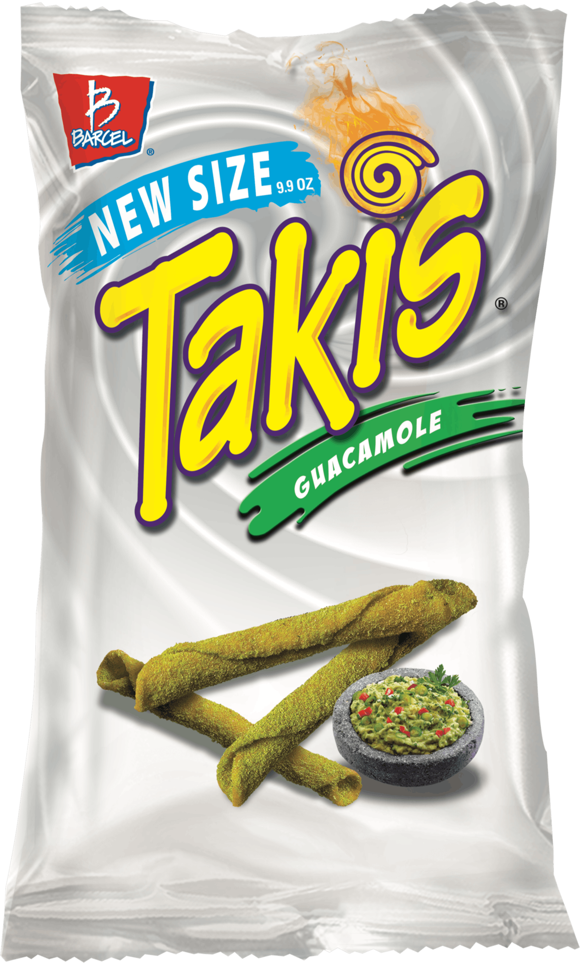 Snacks 桌布 壁紙 — 一個白色的Takis酪梨醬口味薯片袋，搭配綠色粉末零食和酪梨醬蘸醬，在綠色背景前展示。