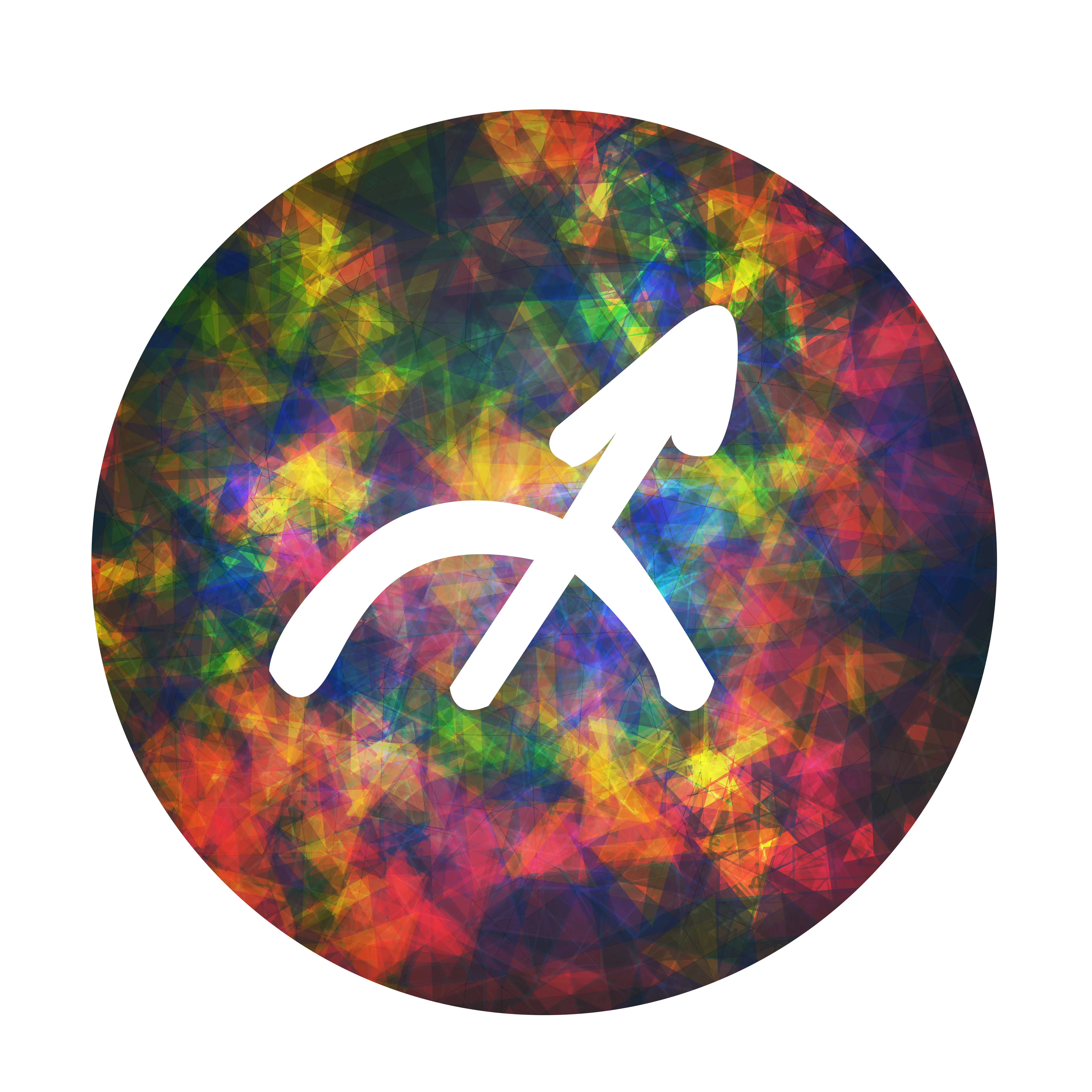 sagittarius 桌布 壁紙 — 一個白色的人馬座星座符號在色彩繽紛的幾何三角形抽象背景中脫穎而出。