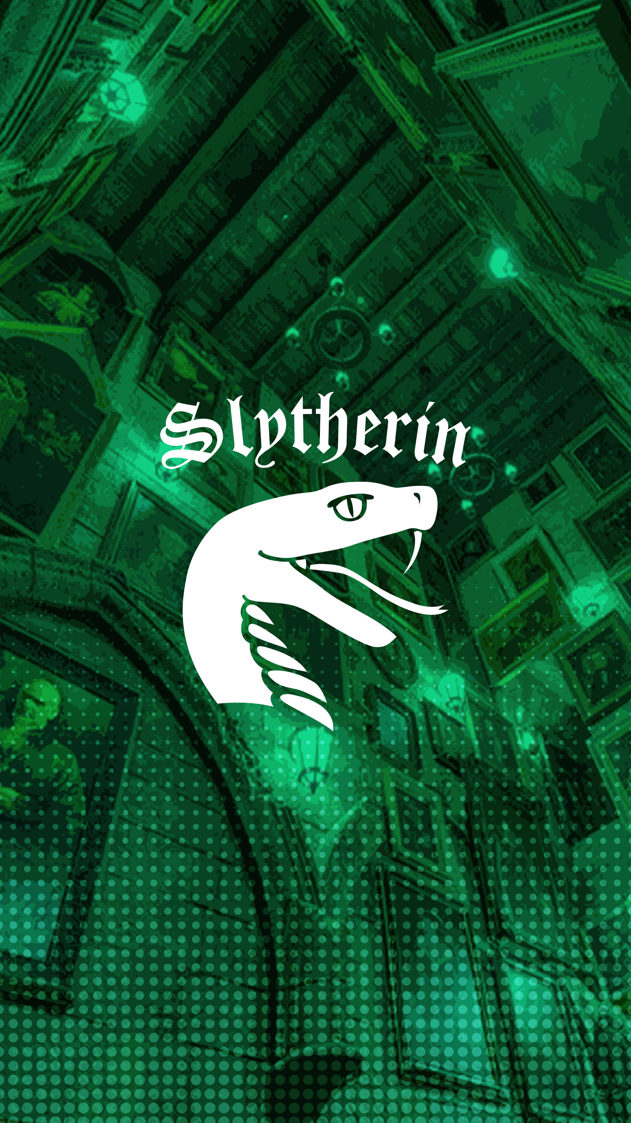 Hogwarts Aesthetic 桌布 壁紙 — 一個白色的史萊哲林蛇標誌在帶有綠色調的倒置圖書館天花板上發光，周圍有漂浮的球體和肖像。