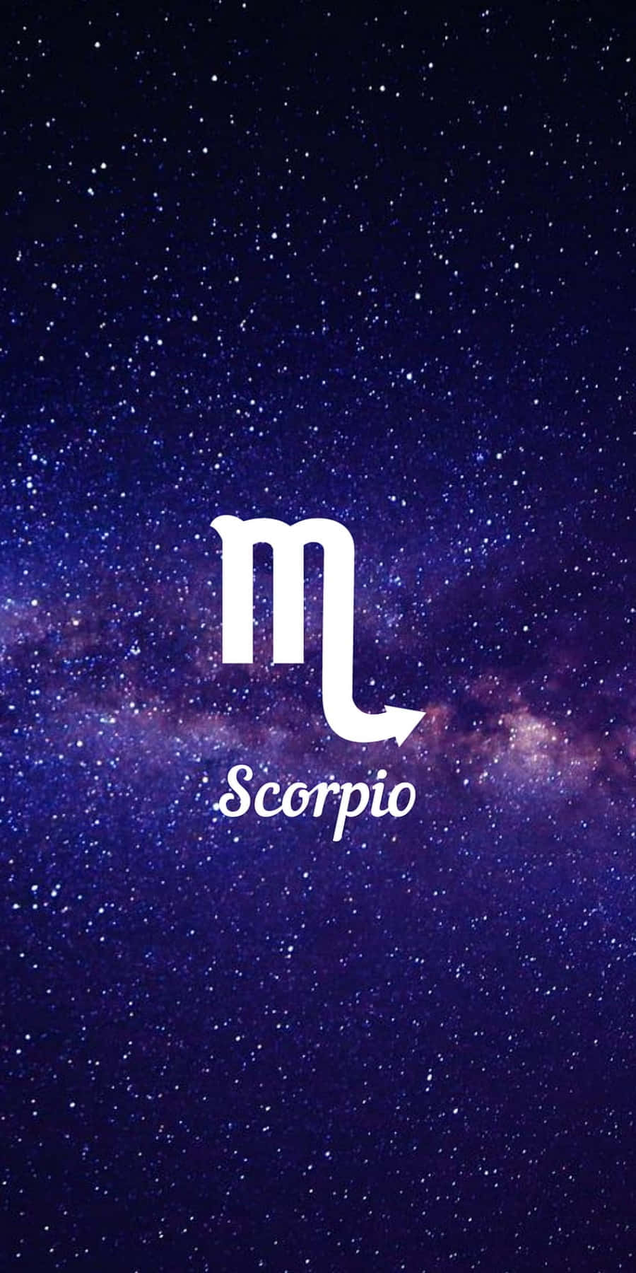 Scorpio 桌布 壁紙 — 一個白色的天蠍座星座符號和文字在深紫色星空和發光星雲的背景中漂浮。