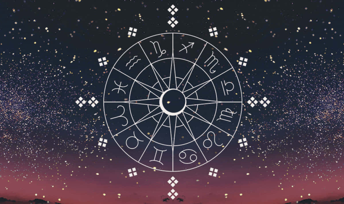 astrology 桌布 壁紙 — 一個白色的星座輪漂浮在帶有粉紅色和紫色漸變的星空暮色天空上。