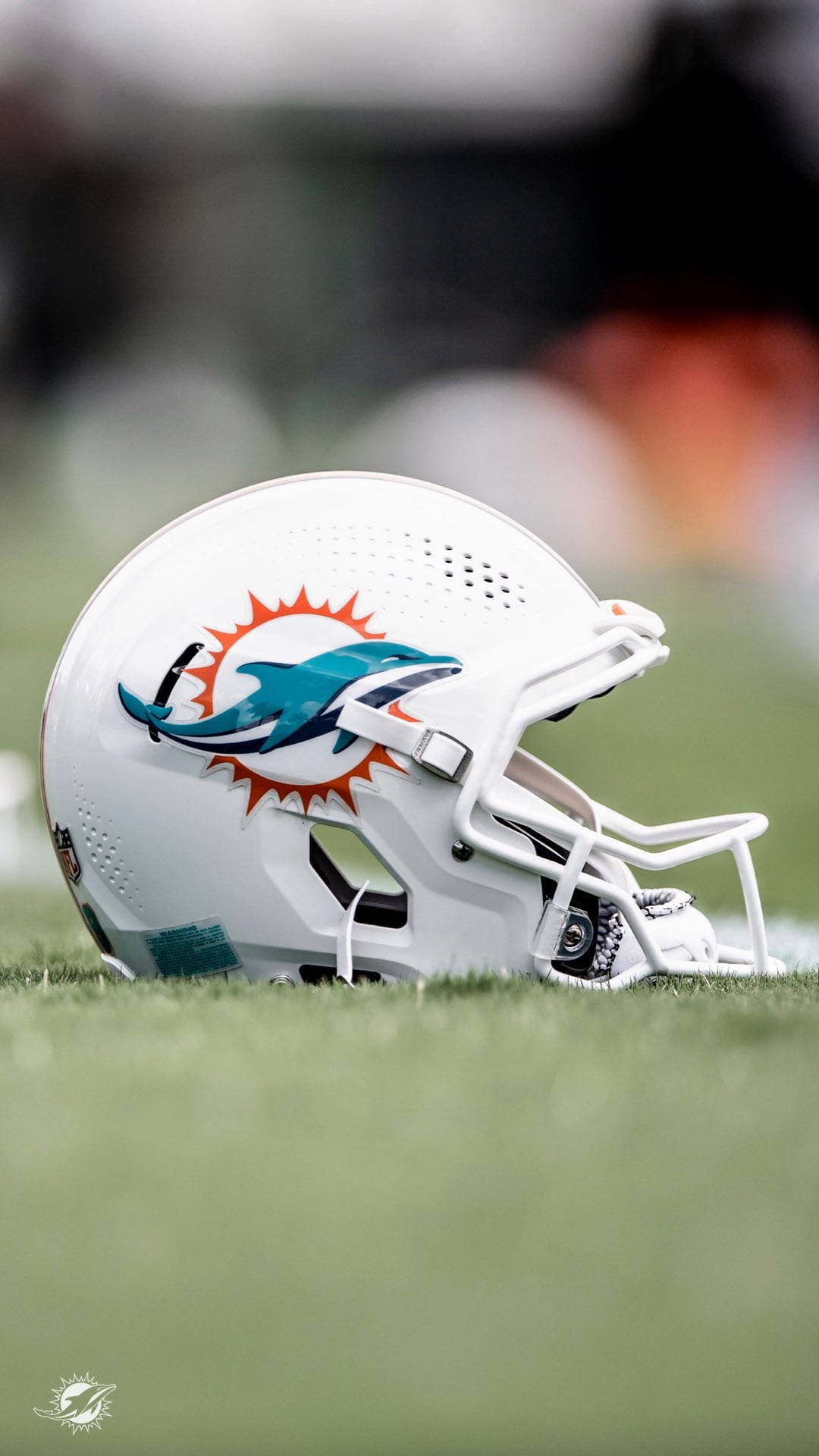 Miami Dolphins iPhone 桌布 壁紙 — 一個白色的邁阿密海豚隊美式足球頭盔放在鮮綠色的草地上，背景是模糊的體育場。