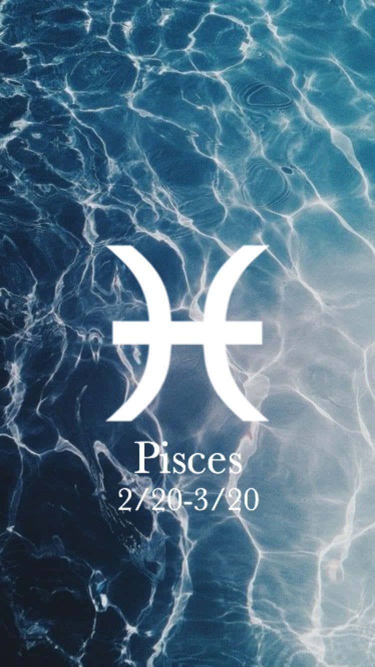 雙魚座 桌布 壁紙 — 一個白色的雙魚座星座符號漂浮在帶有陽光反射的漣漪藍色水面上。