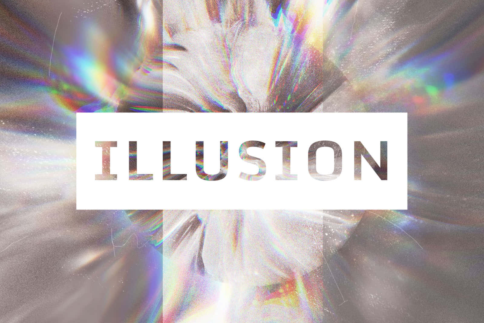 Glitch Effect 桌布 壁紙 — 一個白色盒子中央帶有「幻覺」一詞的虹彩光芒放射抽象爆發。