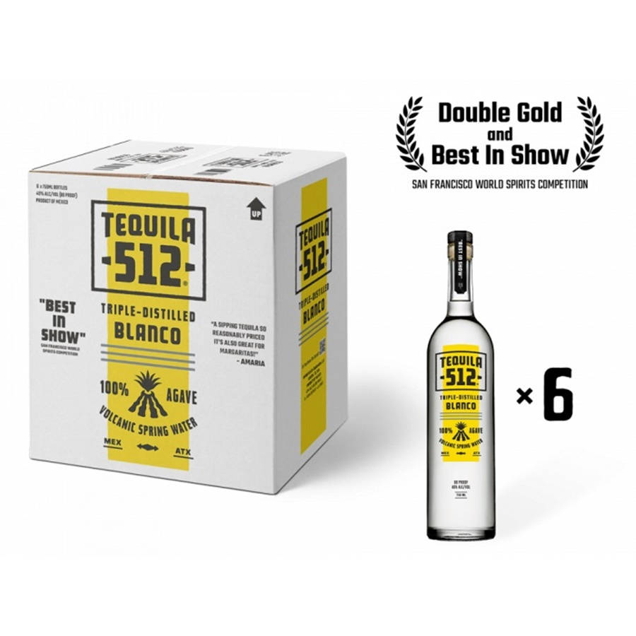 drinks 桌布 壁紙 — 一個白色盒子和單瓶Tequila 512 Blanco，帶有醒目的黃色標籤和獎項桂冠，置於潔白背景上。