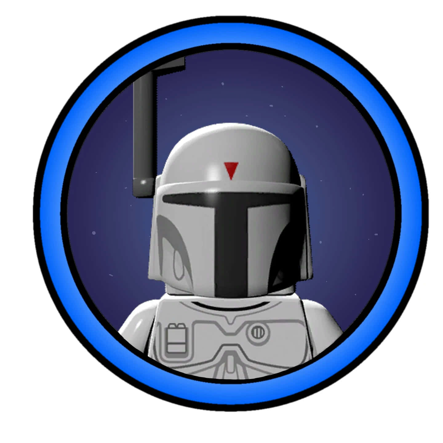 Star Wars Profile 桌布 壁紙 — 一個白色盔甲上有紅色三角形標誌的LEGO曼達洛人公仔，站在閃爍藍色圓形框架內的星空背景前。
