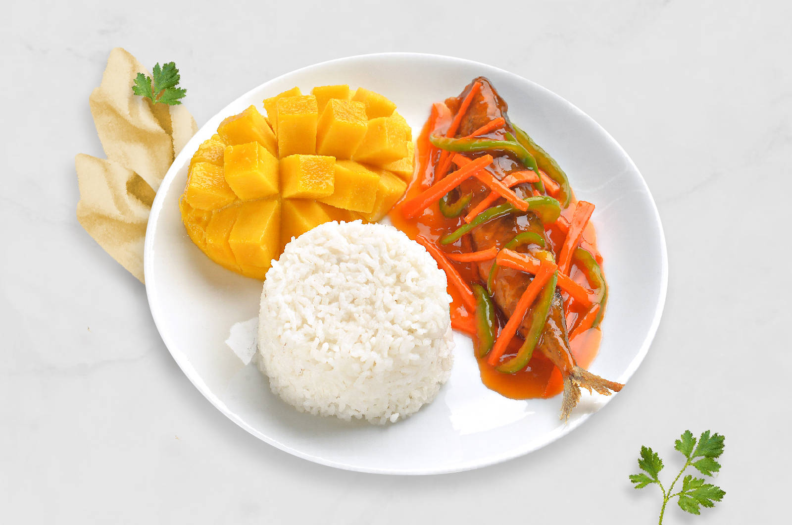 一盤泰式食物，有飯、芒果和糖醋魚。 — Juice Wrld 壁紙