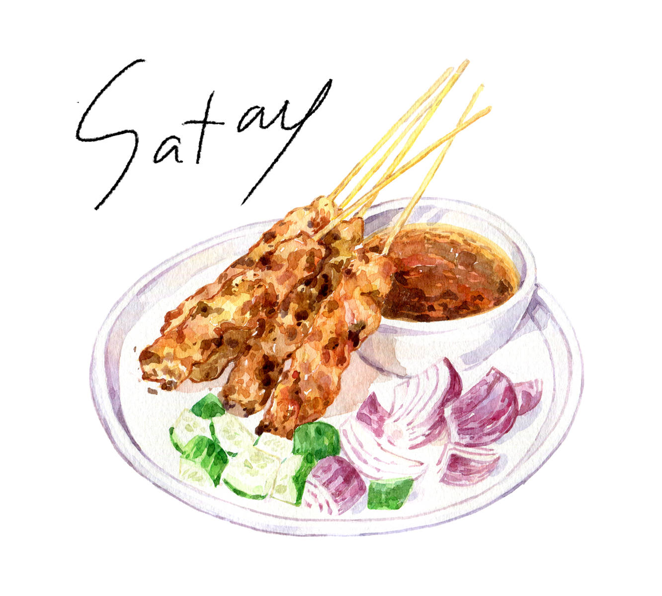 Delicious Food 桌布 壁紙 — 一個白色盤子上的水彩插圖，描繪燒烤沙爹串配花生醬、小黃瓜和洋蔥。