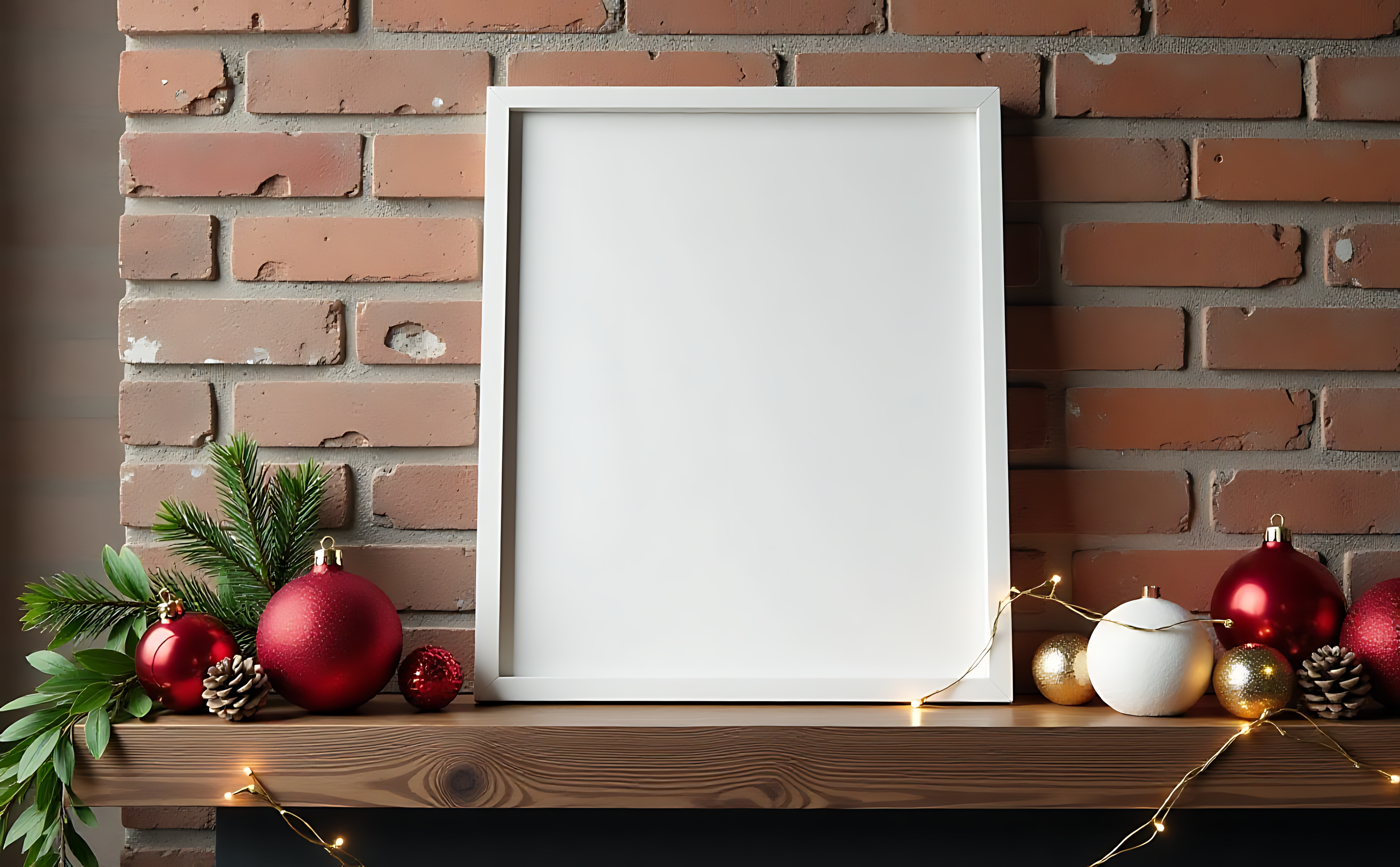 Frame 桌布 壁紙 — 一個白色相框放在木製壁爐架中央，背景是紅磚牆，周圍環繞著節日聖誕裝飾、松果和燈串。