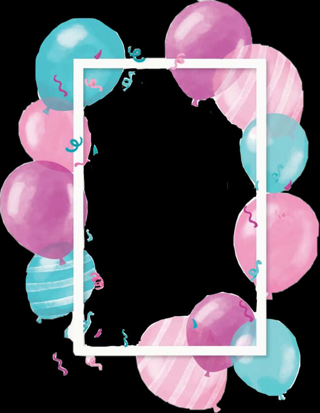 Happy Birthday Frames 桌布 壁紙 — 一個白色矩形框架，周圍環繞著粉紅色和藍綠色的氣球，並有五彩紙屑，背景為黑色。