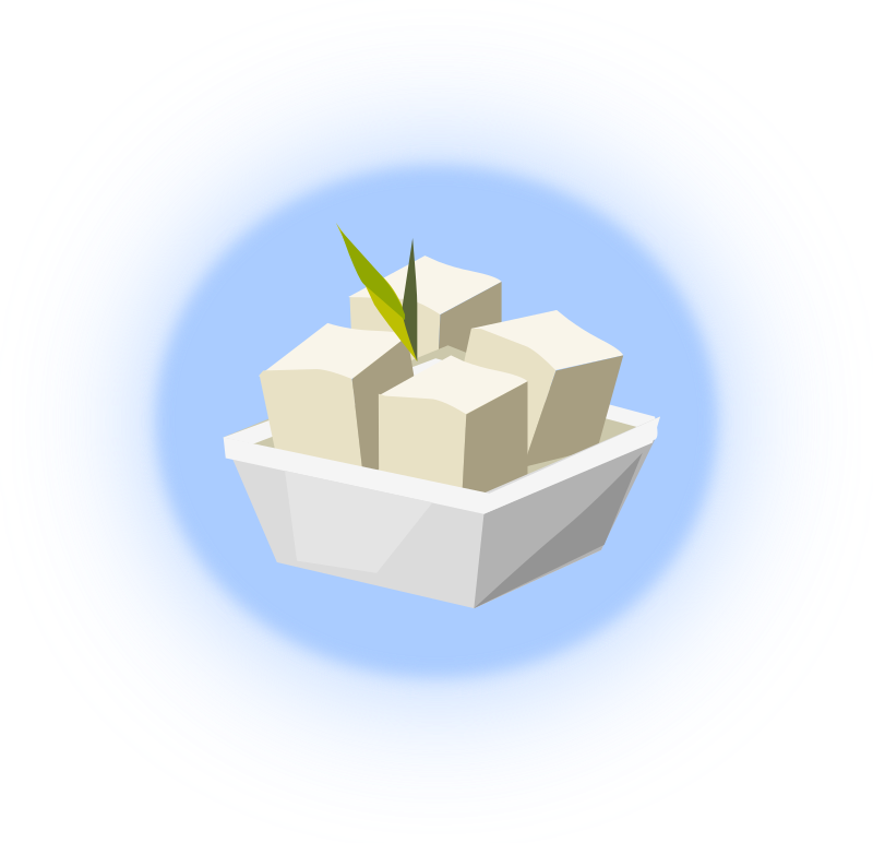 Circle Design 桌布 壁紙 — 一個白色碗盛載著整齊排列的豆腐塊，配上一片綠色葉子作裝飾，背景為淺藍色圓形。