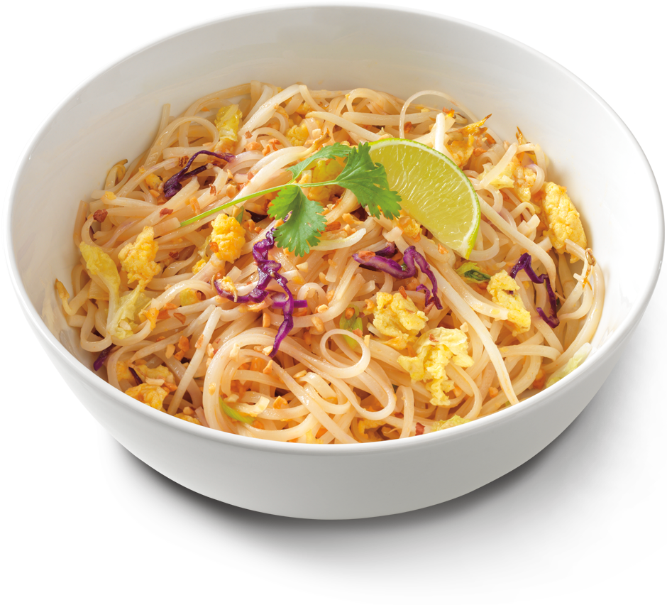 Noodle 桌布 壁紙 — 一個白色碗裝滿了充滿活力的泰式泰式炒河粉，上面放有青檸、香菜和紫高麗菜。