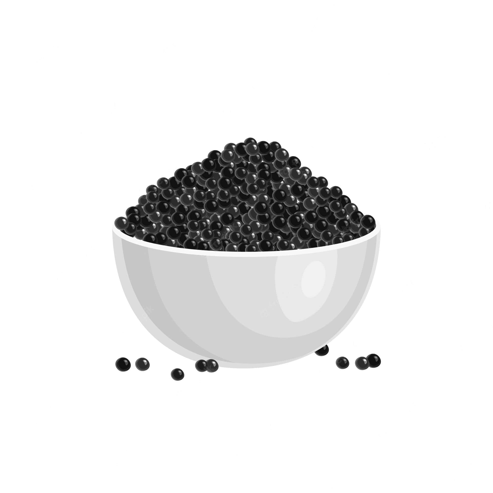 Black Caviar 桌布 壁紙 — 一個白色碗裝滿了閃亮的黑色魚子醬珠子，有些散落在素色背景上。