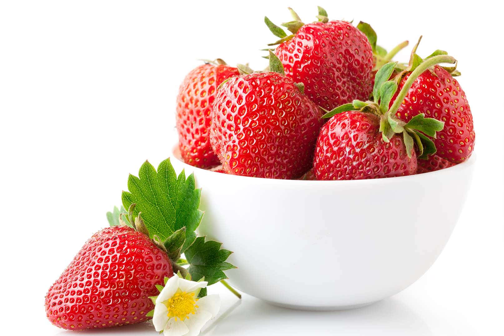 Strawberries 桌布 壁紙 — 一個白色碗裝滿了飽滿的紅色草莓，旁邊有一個帶有綠葉和精緻白花的草莓。