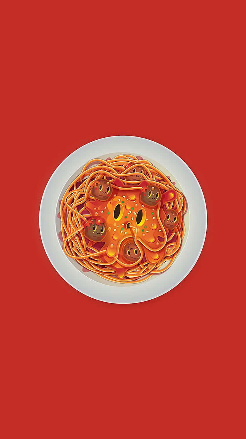 食物動圖 桌布 壁紙 — 一個白色碗裝義大利麵，配上微笑的肉丸，放在純紅色背景上。