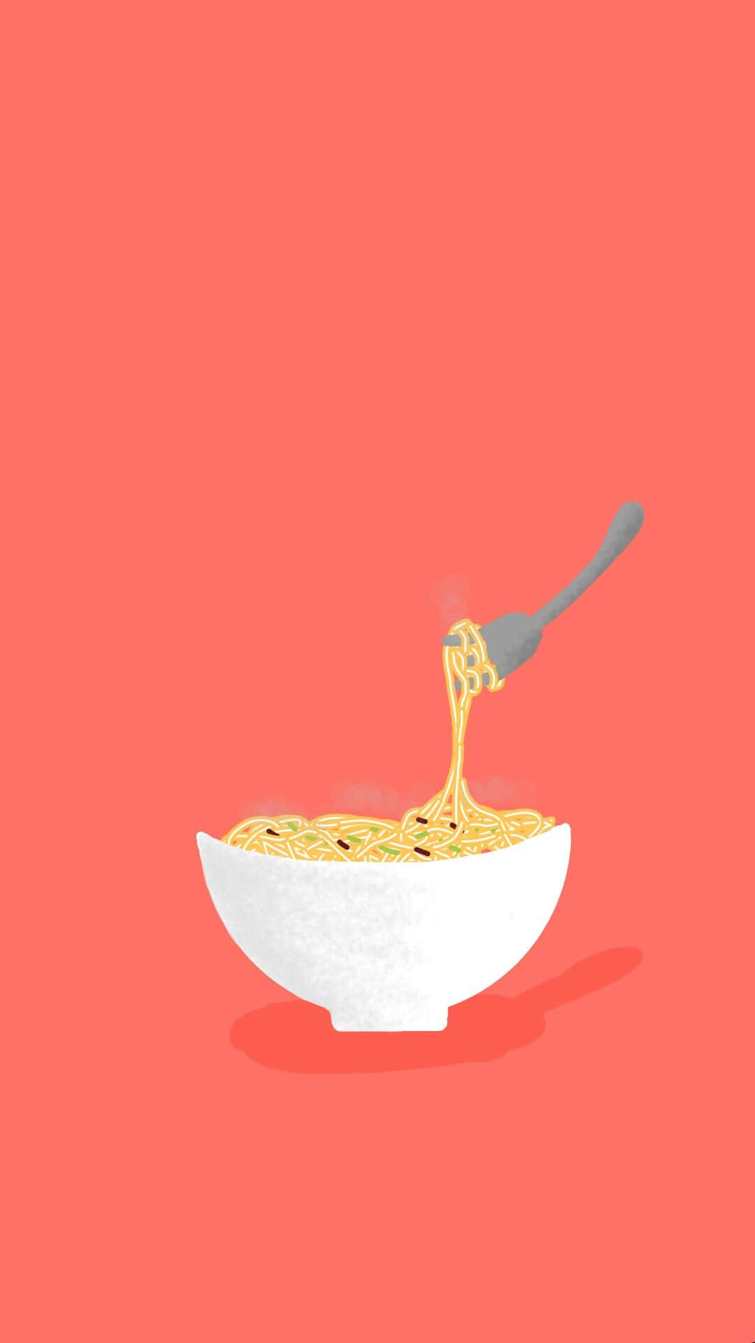 Noodles 桌布 壁紙 — 一個白色碗裝著冒煙的麵條，被叉子提起，背景為純珊瑚色。