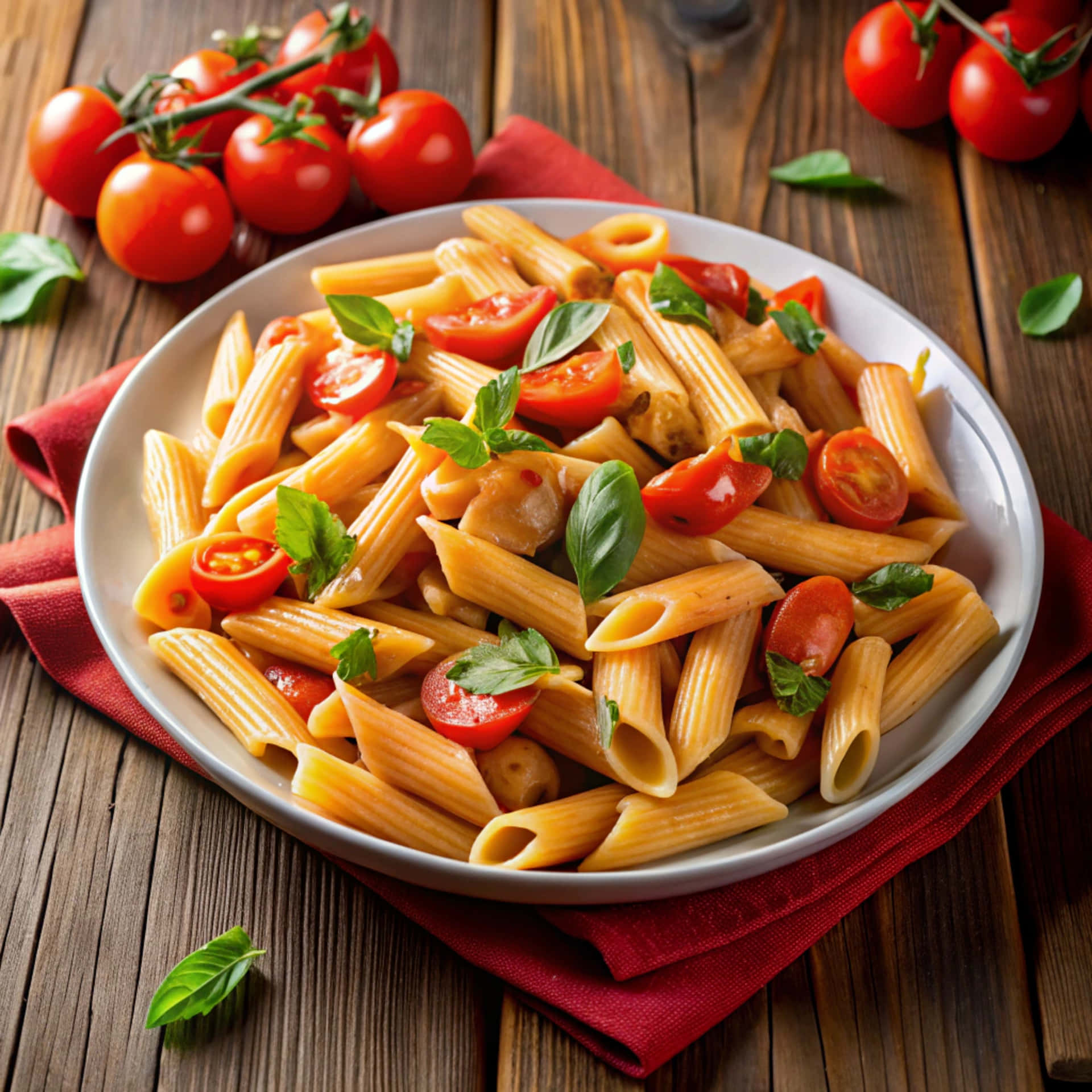 Pasta with penne and sauce 壁紙 — 一個白色碗裝著長通粉、半個小番茄和新鮮羅勒葉，放在一張樸實木桌上的紅色餐巾上。