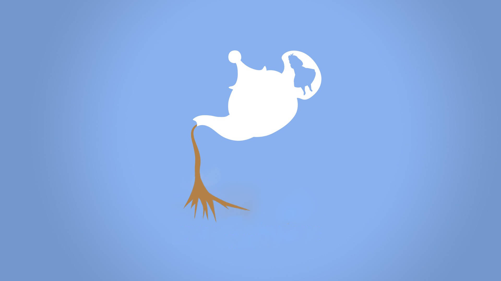 阿拉丁 桌布 壁紙 — 一個白色神燈剪影在柔和的藍色漸變背景上倒出金色煙霧。