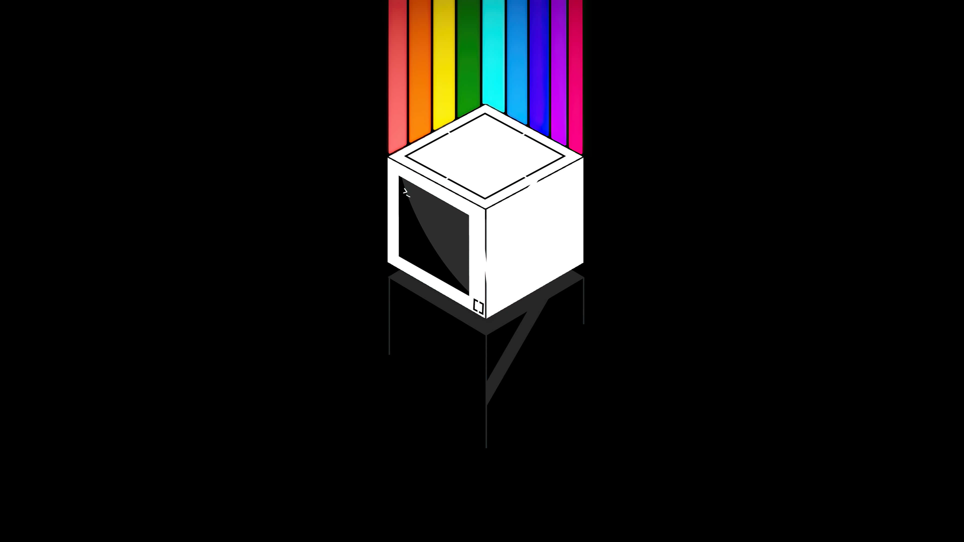 Minimalist Retro 桌布 壁紙 — 一個白色等角立方體在純黑背景上散發出鮮豔的彩虹光束。