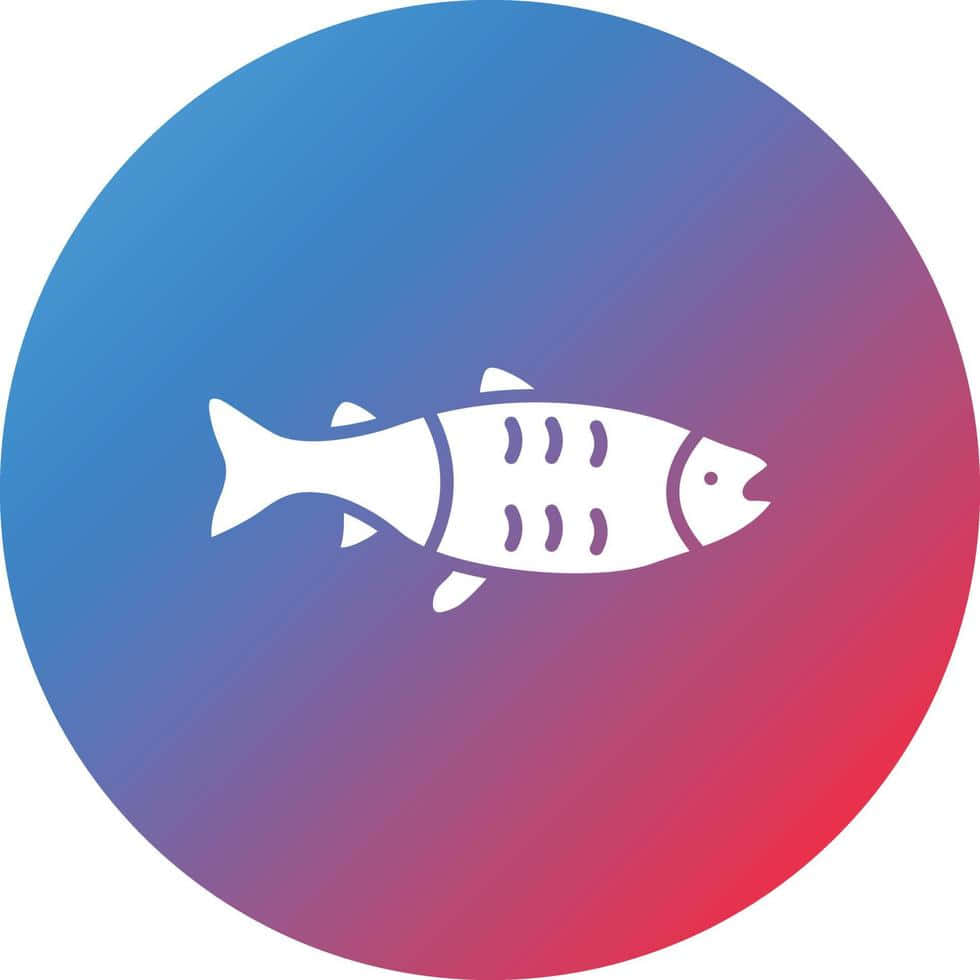 Best Fish 桌布 壁紙 — 一個白色簡約魚圖示，置於充滿活力的藍色到粉紅色漸變圓形背景中央。