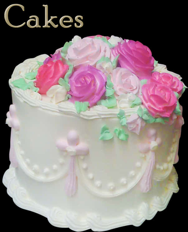 Cakes 桌布 壁紙 — 一個白色糖霜蛋糕，點綴著粉紅和洋紅色的玫瑰以及薄荷綠的葉子，背景為黑色。