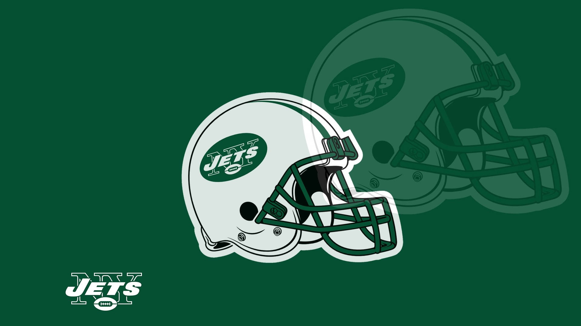 NFL 美式足球 桌布 壁紙 — 一個白色紐約噴射機美式足球頭盔，帶有綠色點綴和標誌，在純綠色背景上突出，背後有一個褪色的頭盔剪影。