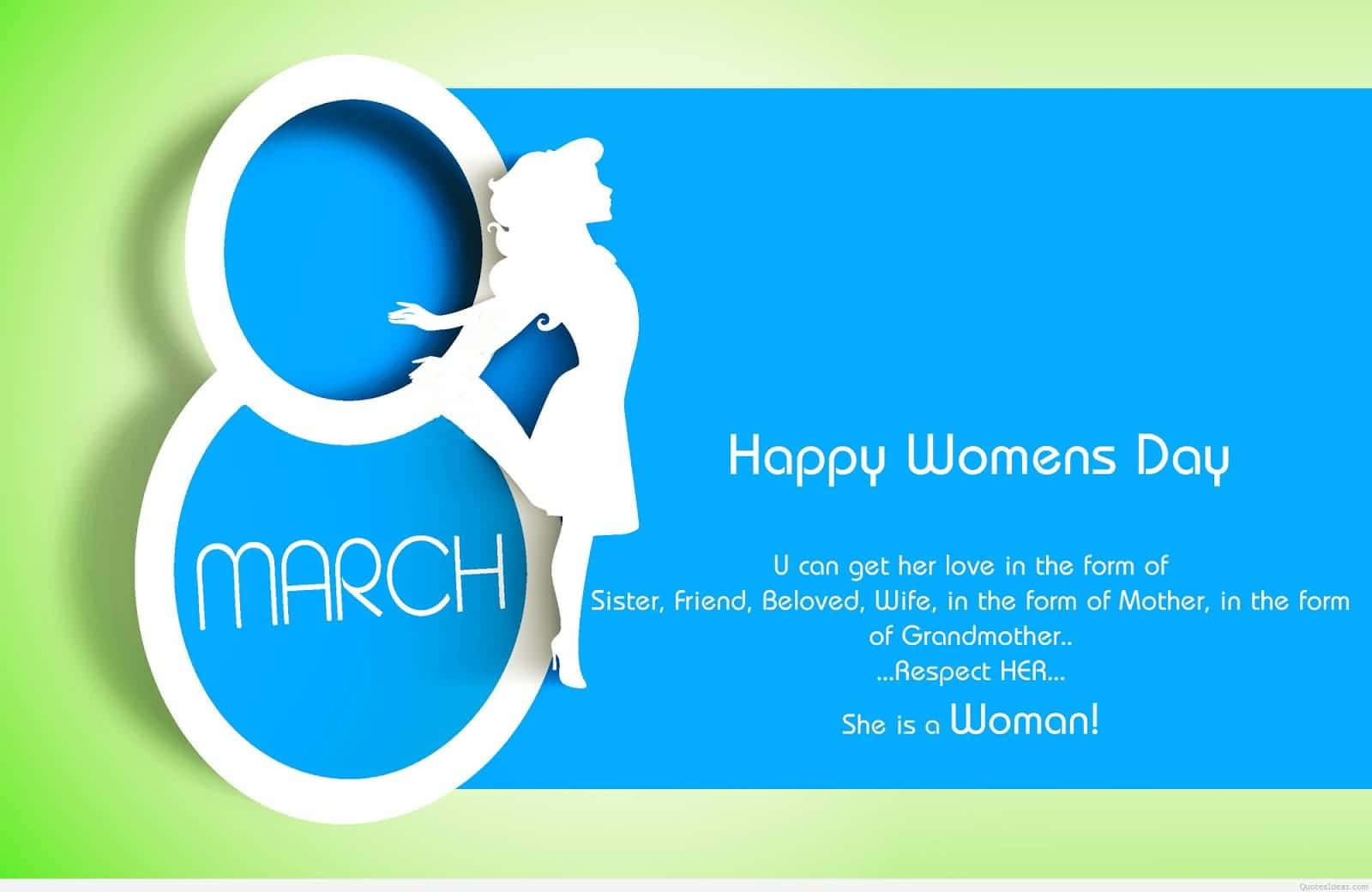 Woman 桌布 壁紙 — 一個白色紙剪裁的女性剪影站在一個大數字八旁邊，形狀像日曆日期，裡面有'MARCH'，背景是藍色和綠色漸變，帶有慶祝文字。