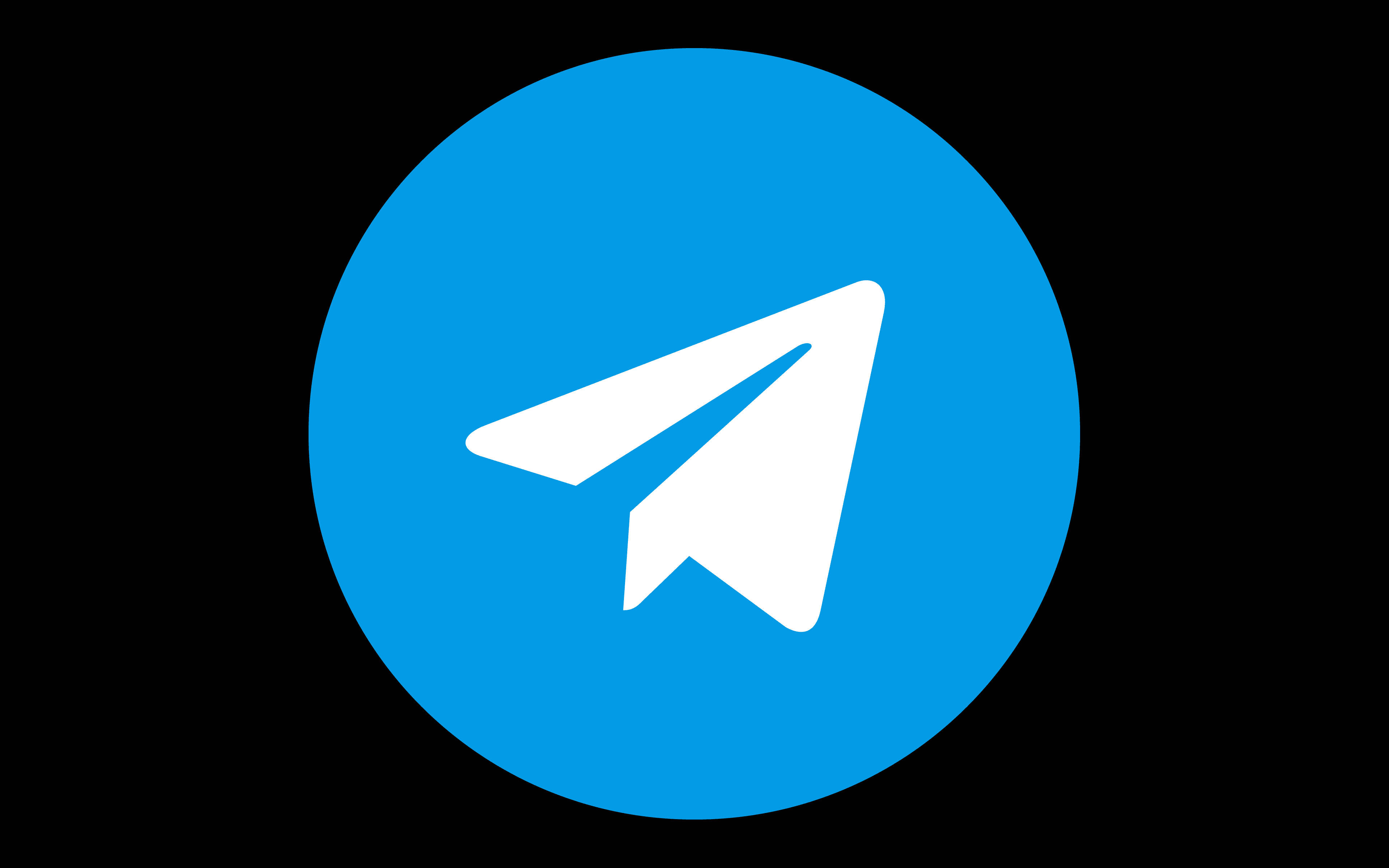 Telegram 桌布 壁紙 — 一個白色紙飛機圖示，置中於亮藍色圓形內，背景為純黑色。