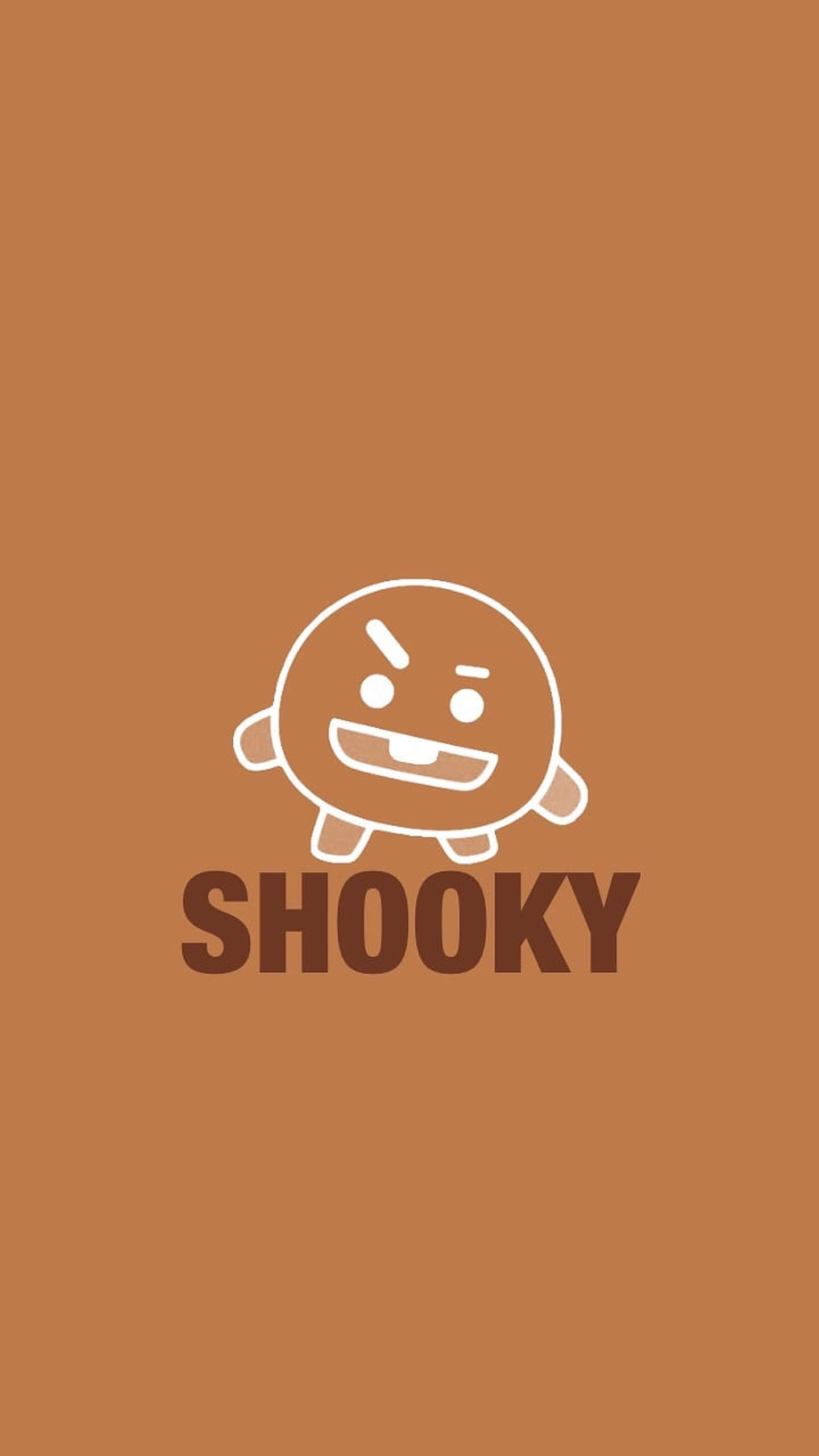 shooky bt21 桌布 壁紙 — 一個白色線條卡通角色，帶著頑皮的笑容，居中站立在純棕色背景上，下方有SHOOKY字樣。