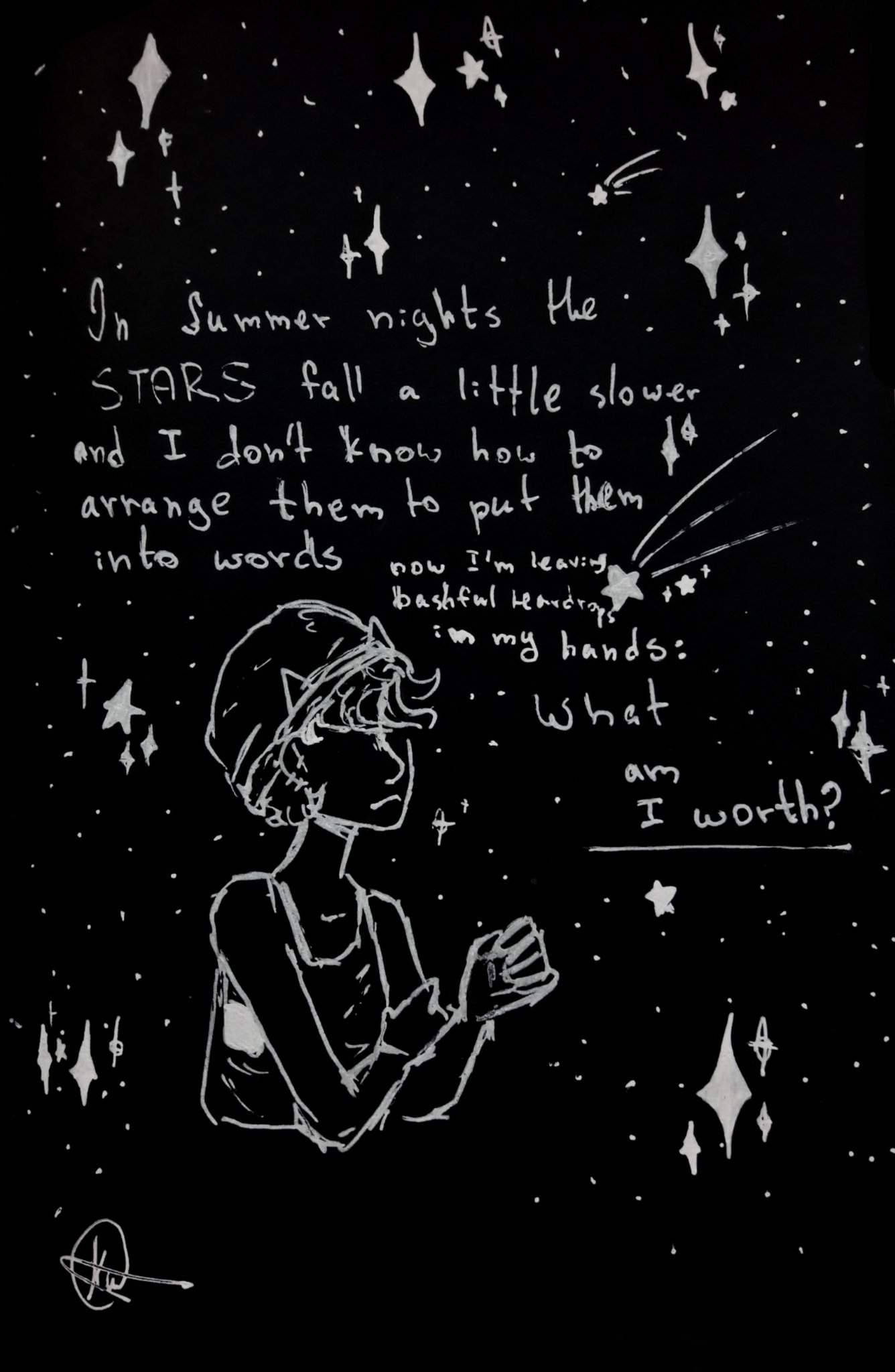 Cavetown 桌布 壁紙 — 一個白色線條藝術人物仰望充滿手寫詩歌和流星的星空。