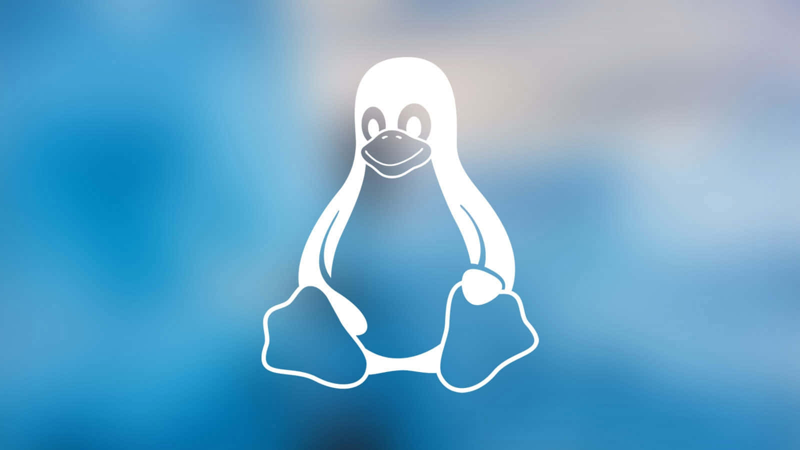 Penguin Tux 桌布 壁紙 — 一個白色線條藝術企鵝標誌居中放置在柔和的藍色漸變背景上。