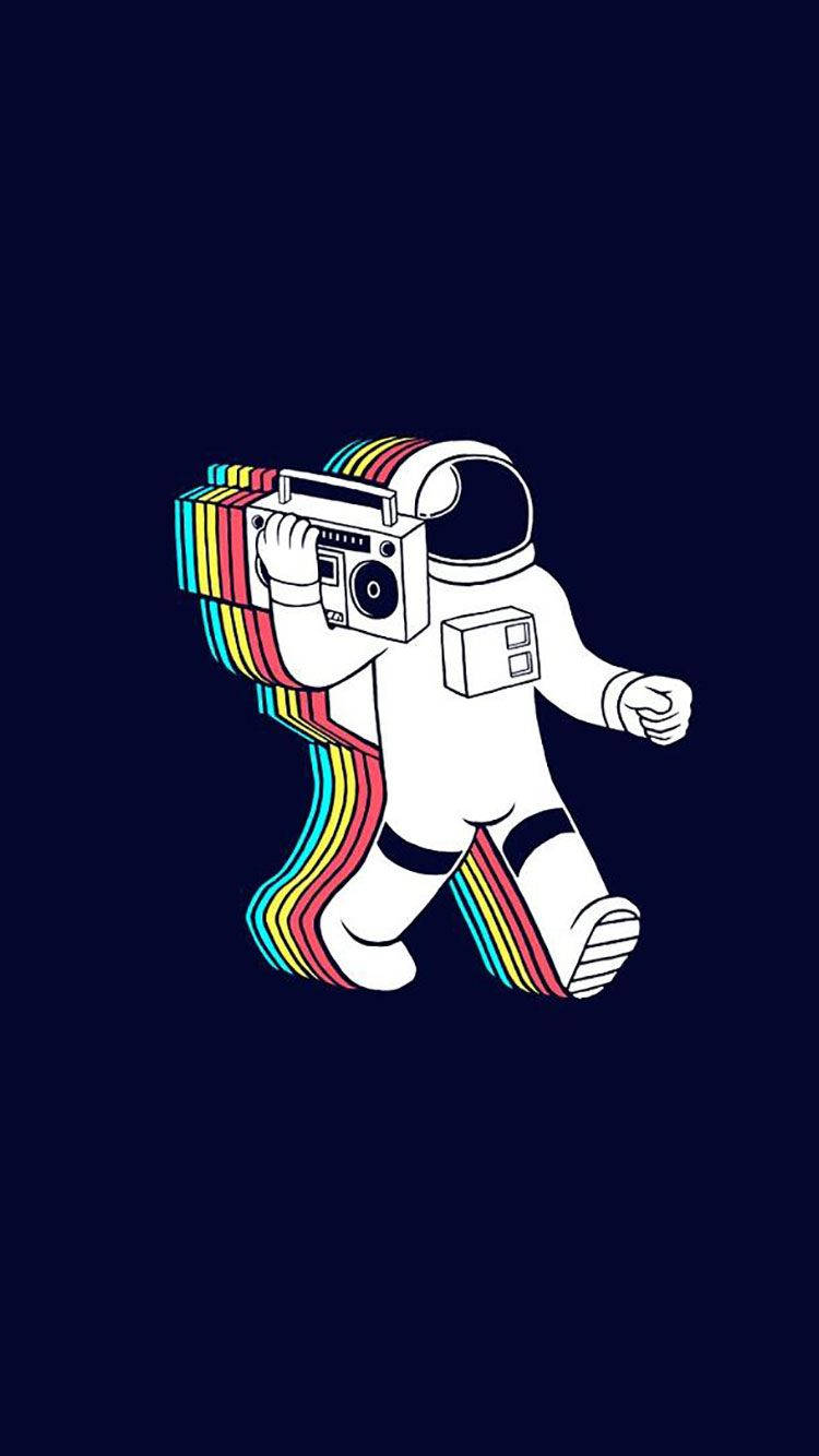 復古美學 iPhone 桌布 壁紙 — 一個白色線條藝術太空人在深藍色背景上行走，身後拖著來自手提音箱的彩虹色聲波。
