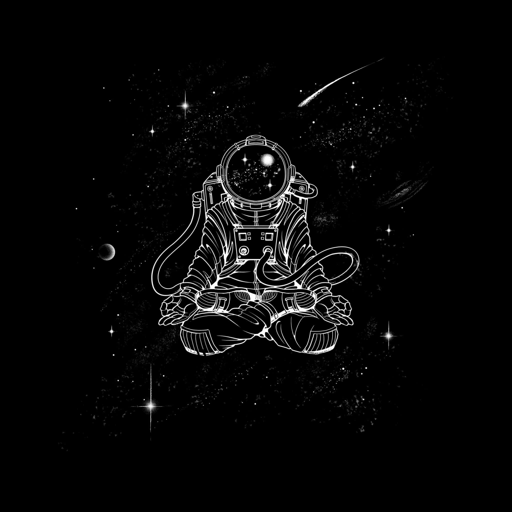 Amazing Astronaut 桌布 壁紙 — 一個白色線條藝術太空人在黑色虛空中盤腿打坐，被星星、彗星和行星環繞。
