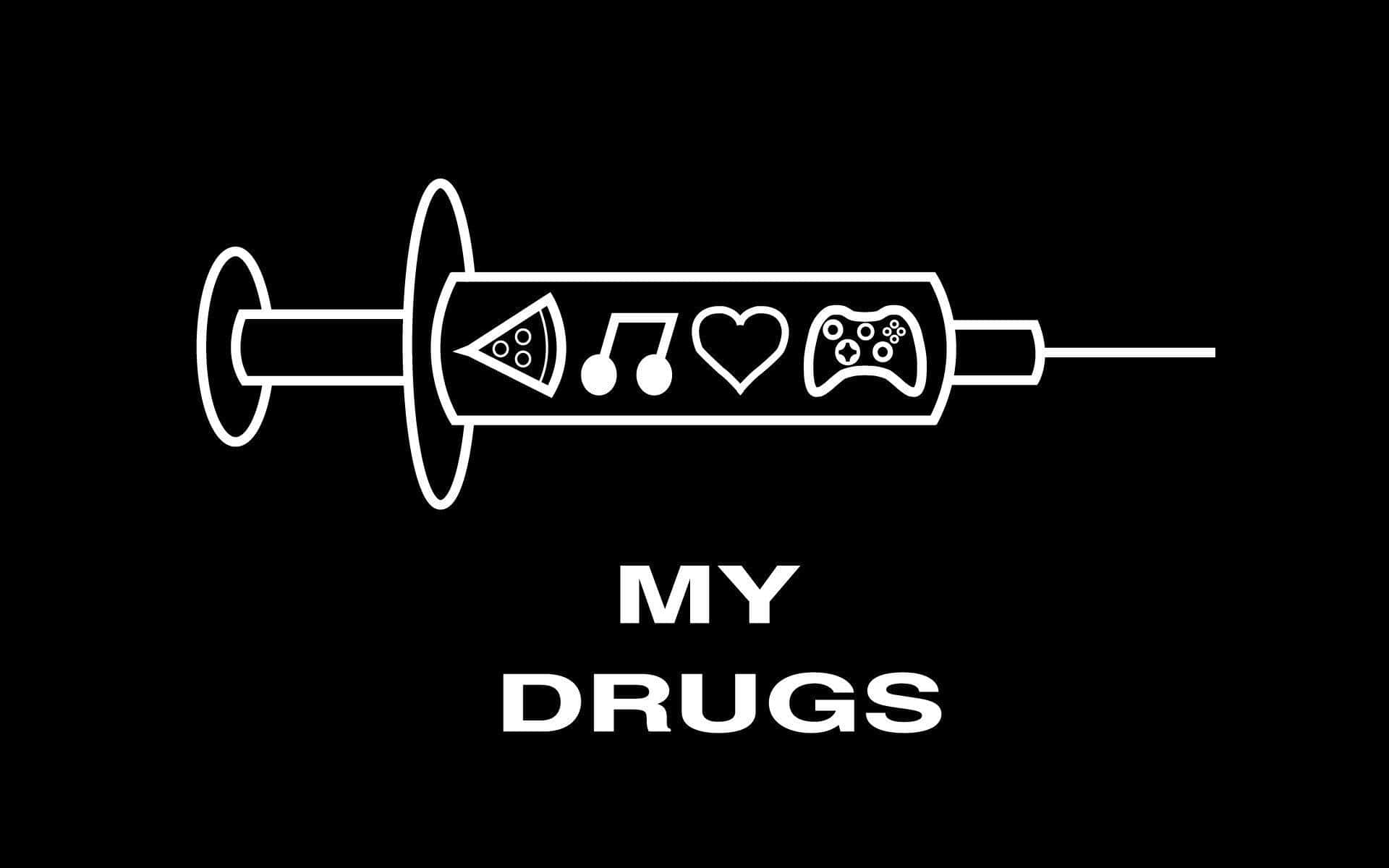 黑白 桌布 壁紙 — 一個白色線條藝術注射器，裝滿了披薩、音樂、心形和遊戲控制器圖標，背景為黑色，粗體文字寫著 my drugs。