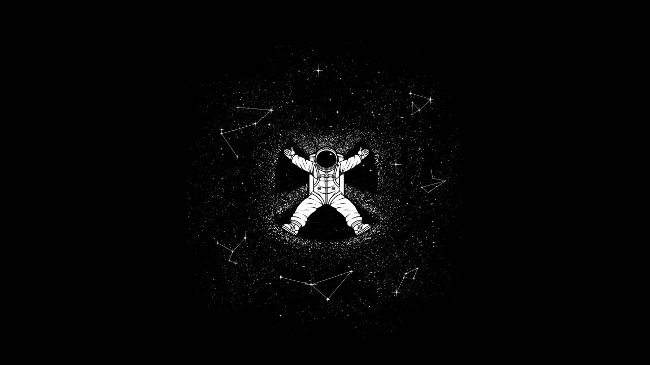 Dark Pc 桌布 壁紙 — 一個白色線條藝術的太空人在黑色太空中快樂漂浮，周圍環繞著星星和星座。