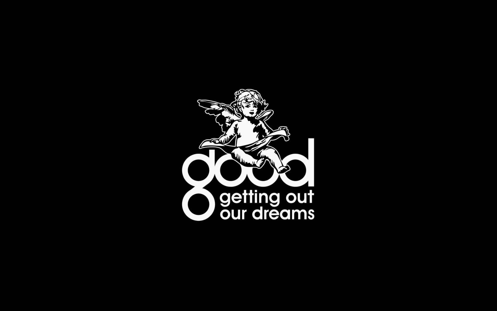 Kanye 桌布 壁紙 — 一個白色線條藝術的小天使棲息在風格化文字 'good getting out our dreams' 上方，背景為純黑色。