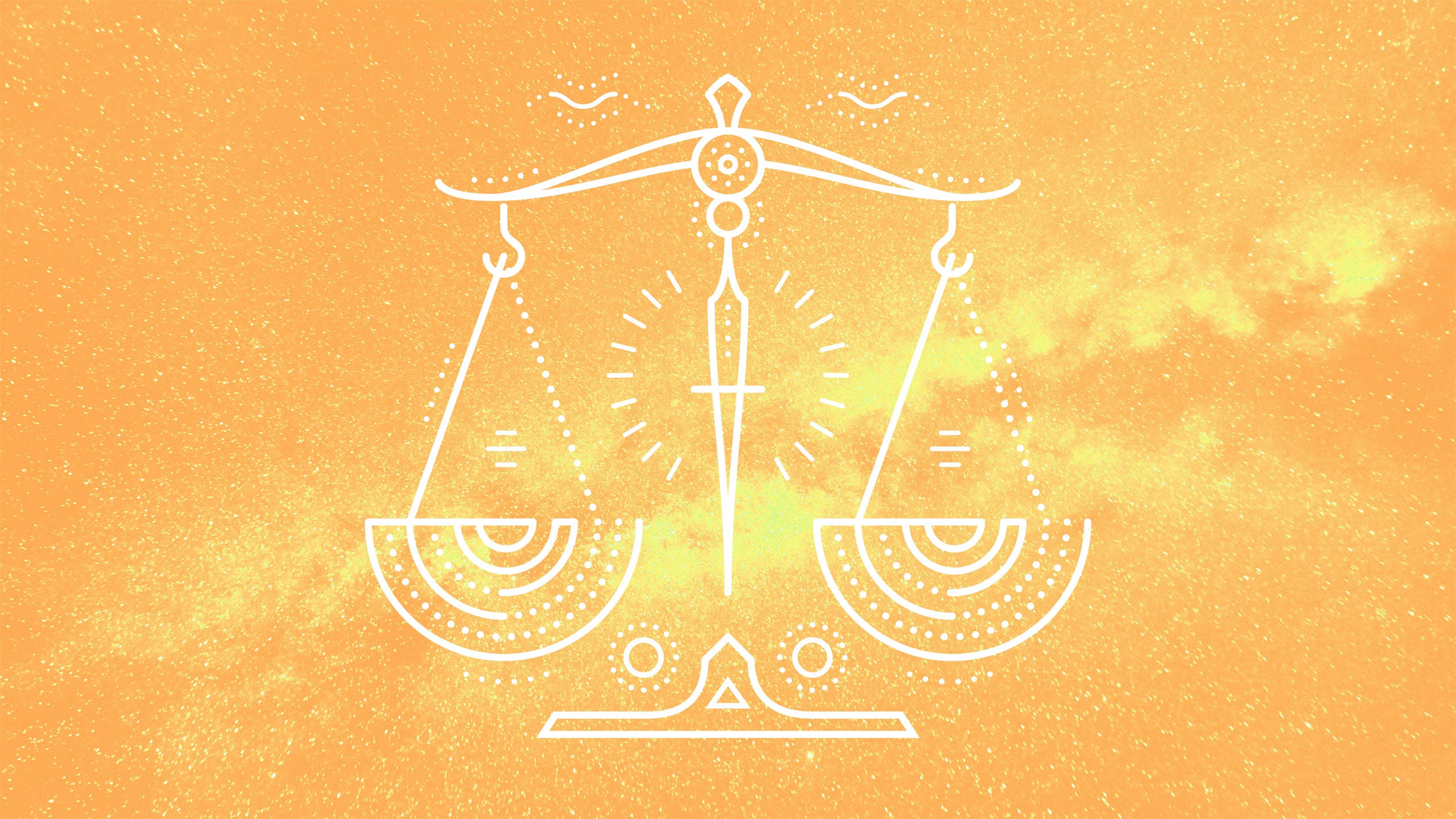 zodiac 桌布 壁紙 — 一個白色線條藝術的正義天秤漂浮在帶有微妙雲紋的紋理橙黃漸變天空前。
