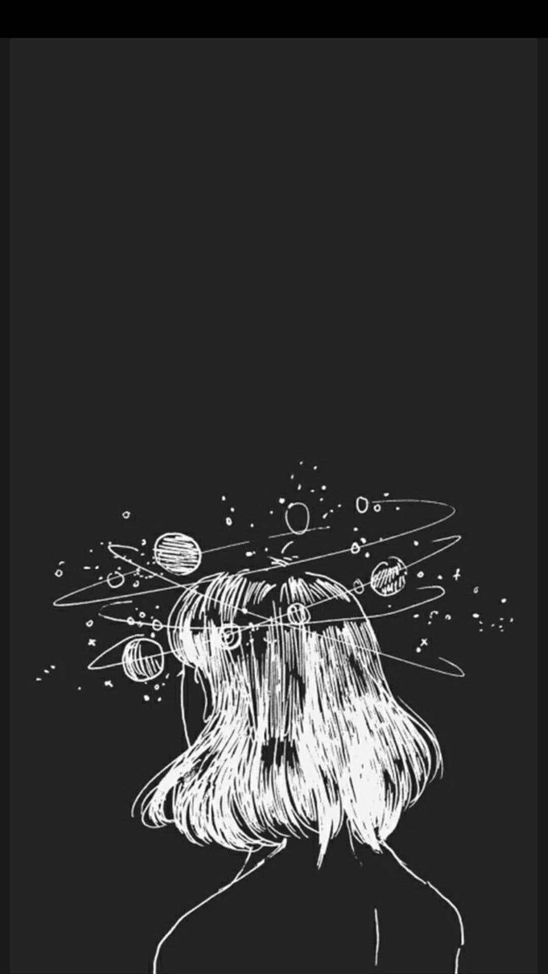 桌布 壁紙 — 一個白色線條藝術草圖，描繪一個人的頭部，行星和星星在頭髮上方盤旋，背景為黑色。