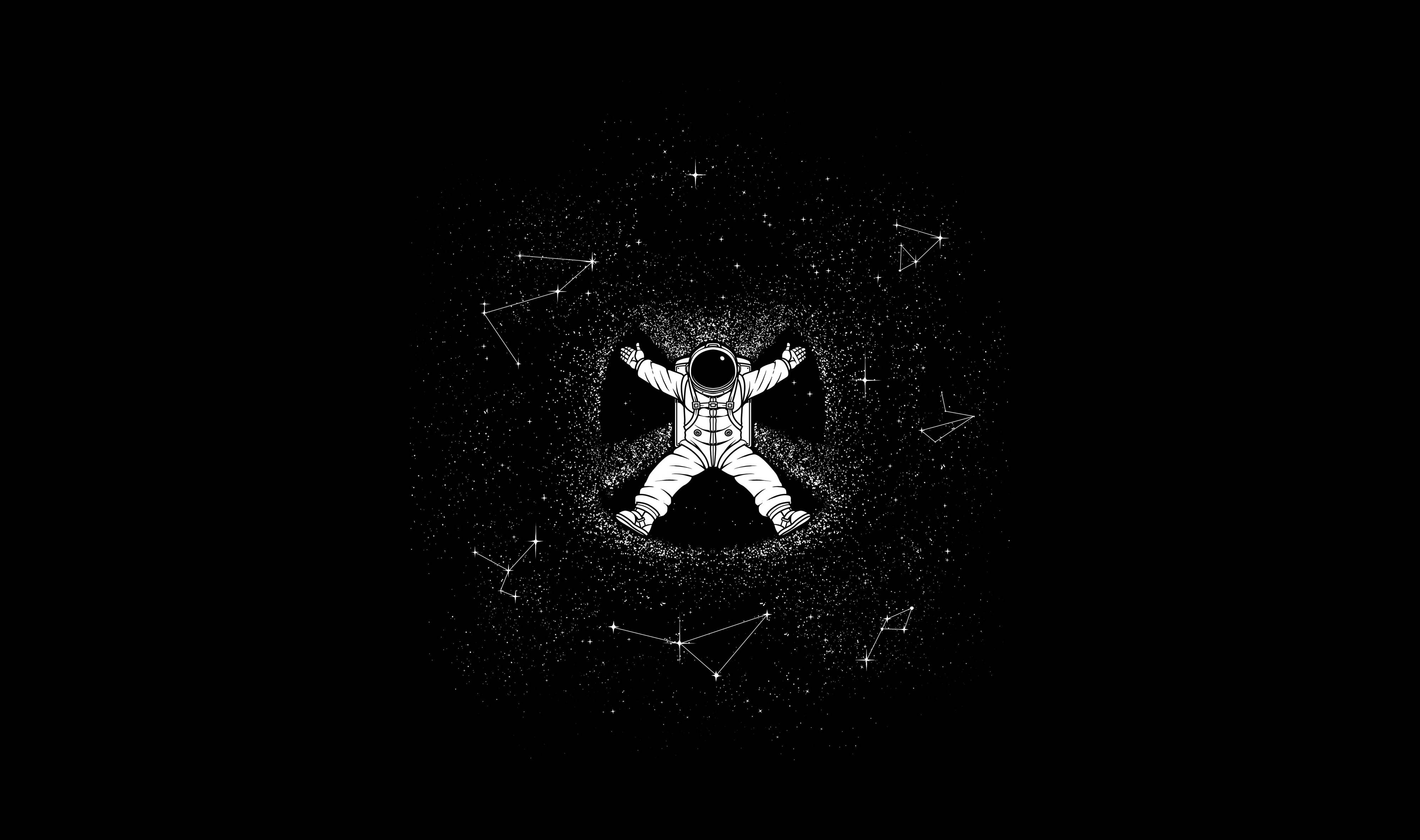 Screen 桌布 壁紙 — 一個白色線條藝術風格的太空人在黑色虛空中被星座和星星包圍，快樂地漂浮在太空。