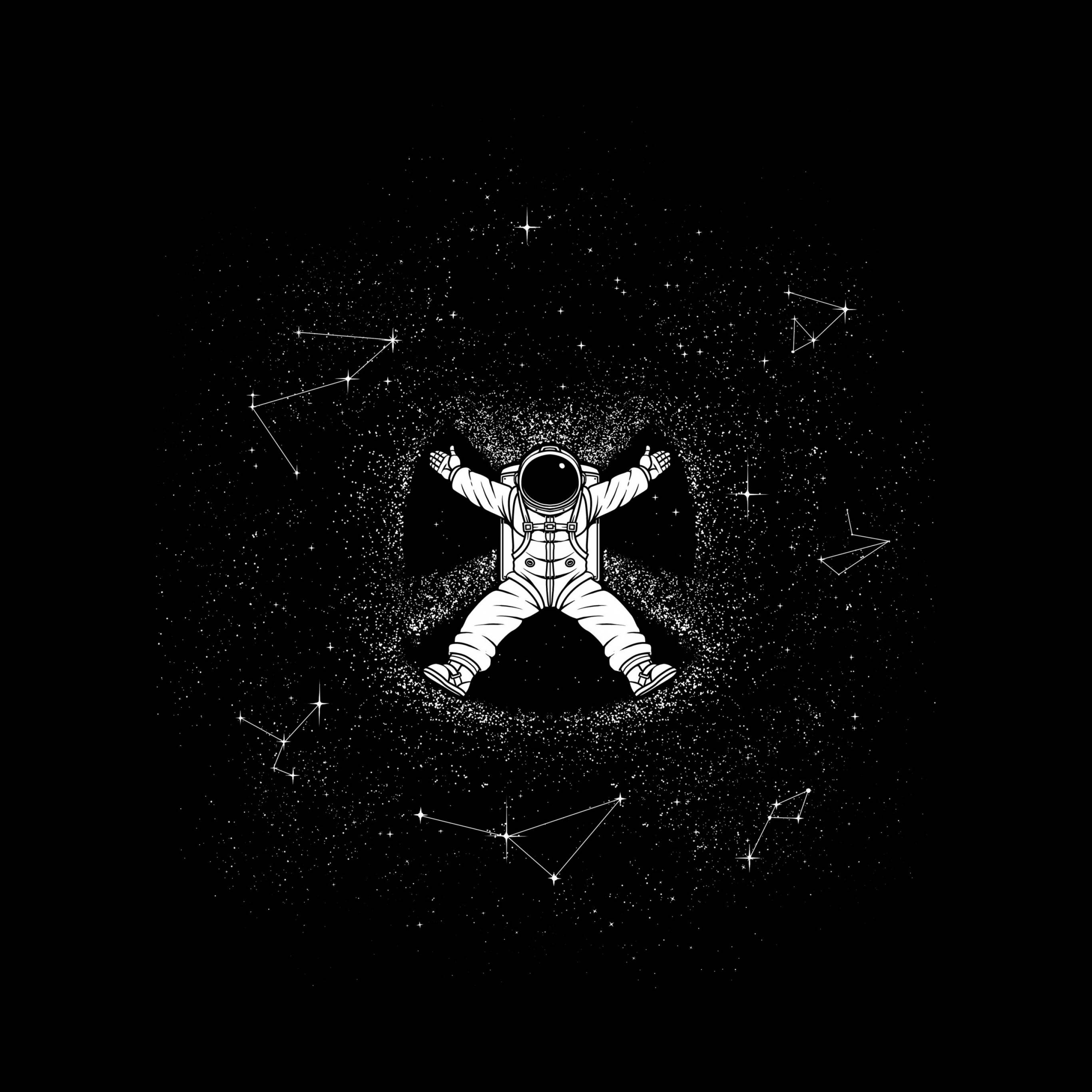 astronaut aesthetic 桌布 壁紙 — 一個白色線條藝術風格的太空人在黑色背景上，被星星和星座包圍，快樂地漂浮在太空中。