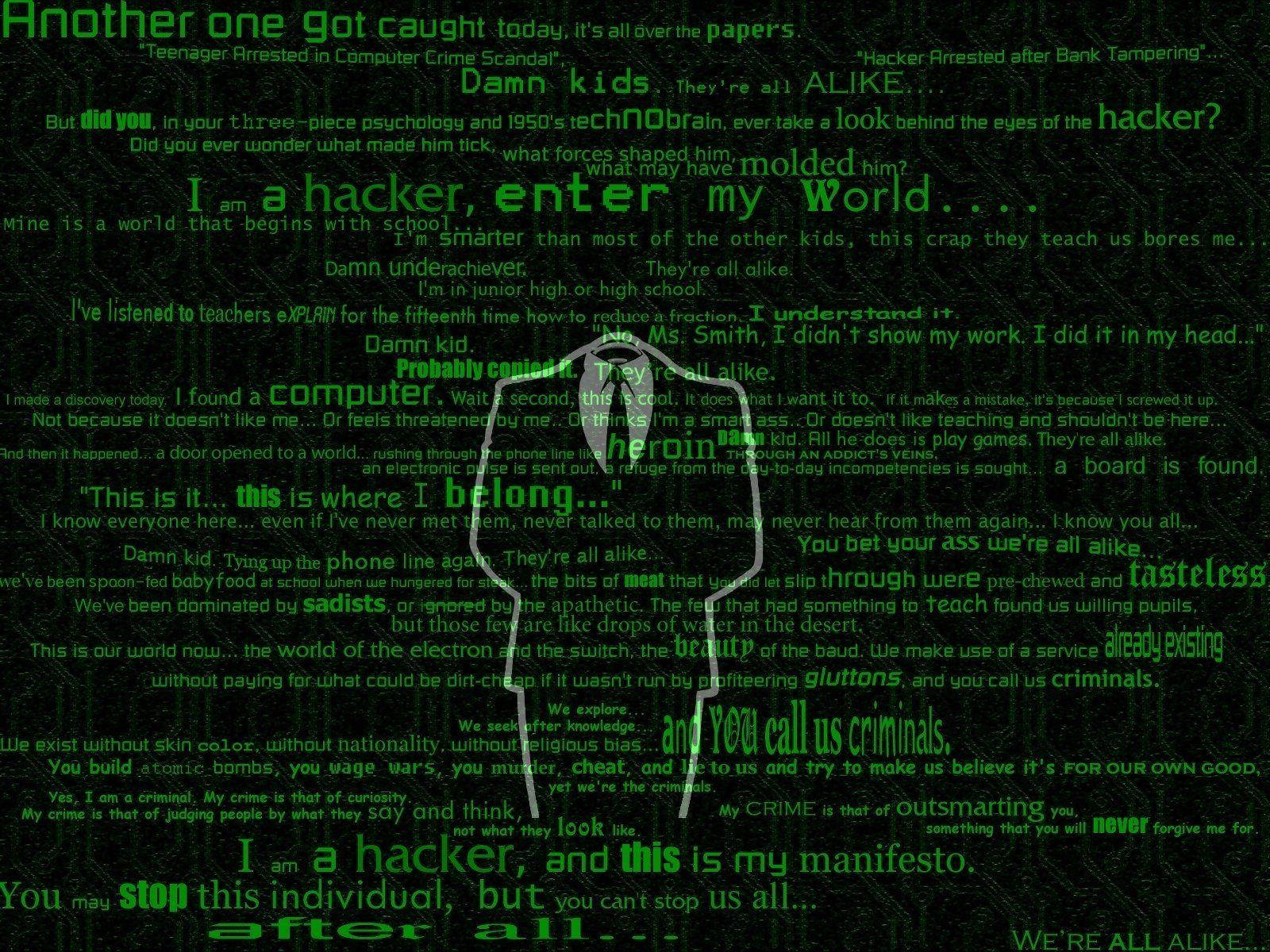 security 桌布 壁紙 — 一個白色線條藝術黑客剪影站在一個深綠色牆壁前，牆上佈滿發光的綠色文字，內容關於反抗和系統性不公。