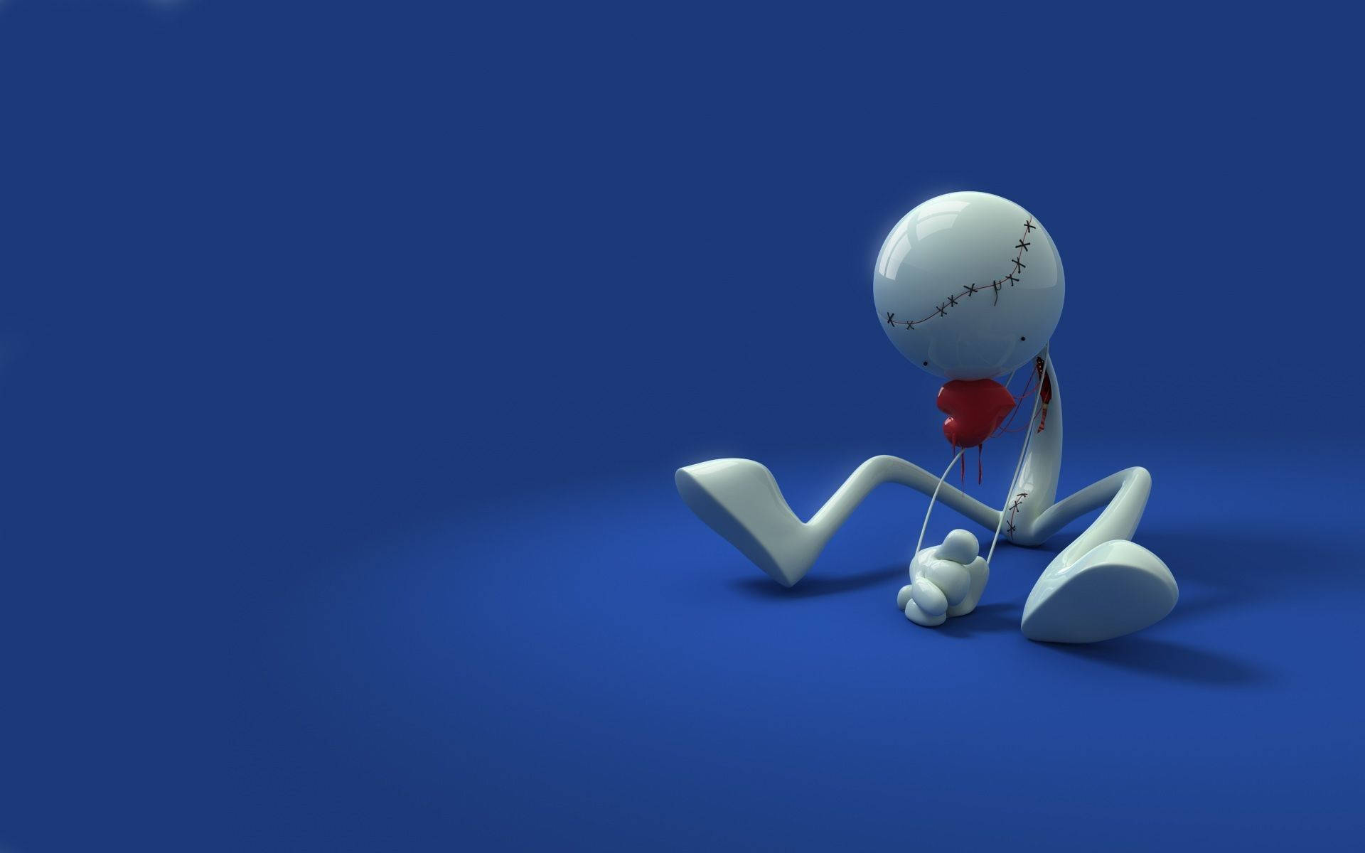 藍色 桌布 壁紙 — 一個白色縫合的火柴人獨自坐在藍色地板上，手持一個流血的心臟。